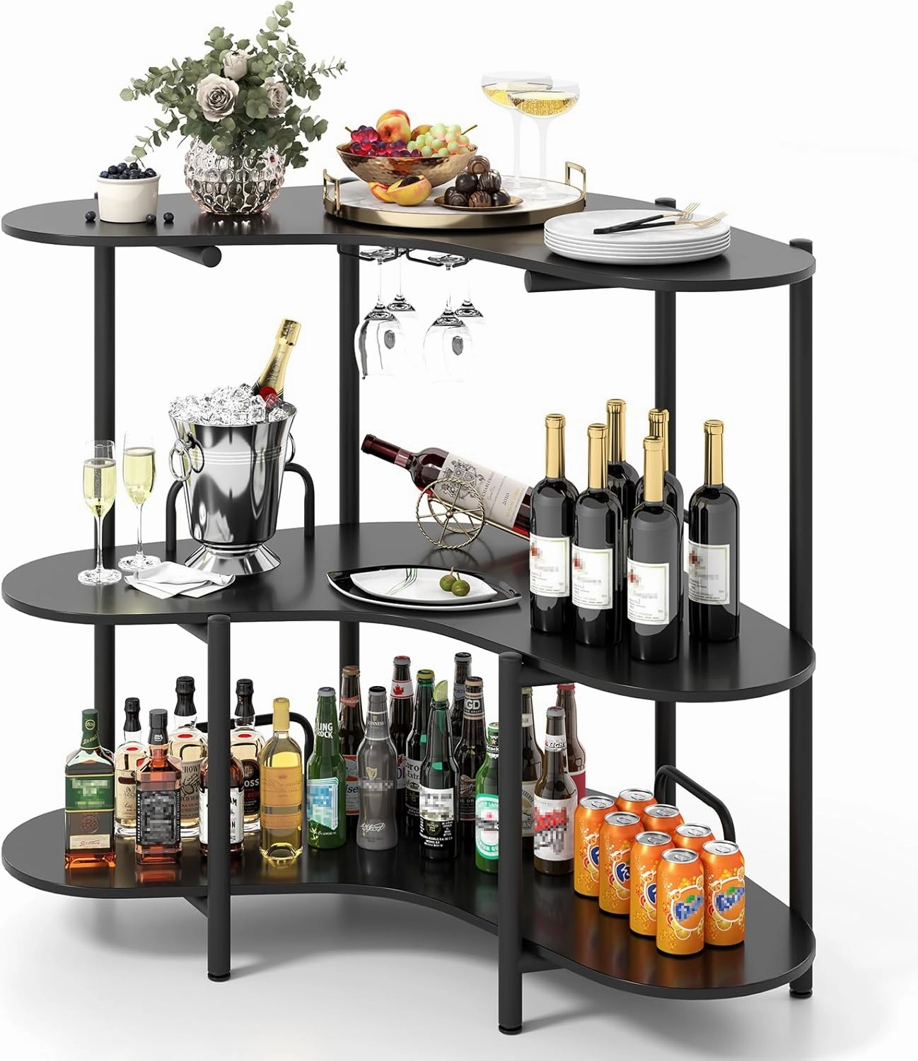 Giantex 3-Tier Bar Table, Corner Bar Cabinet, Liquor Home Bar Unit with Stemware Racks & Storage Shelves