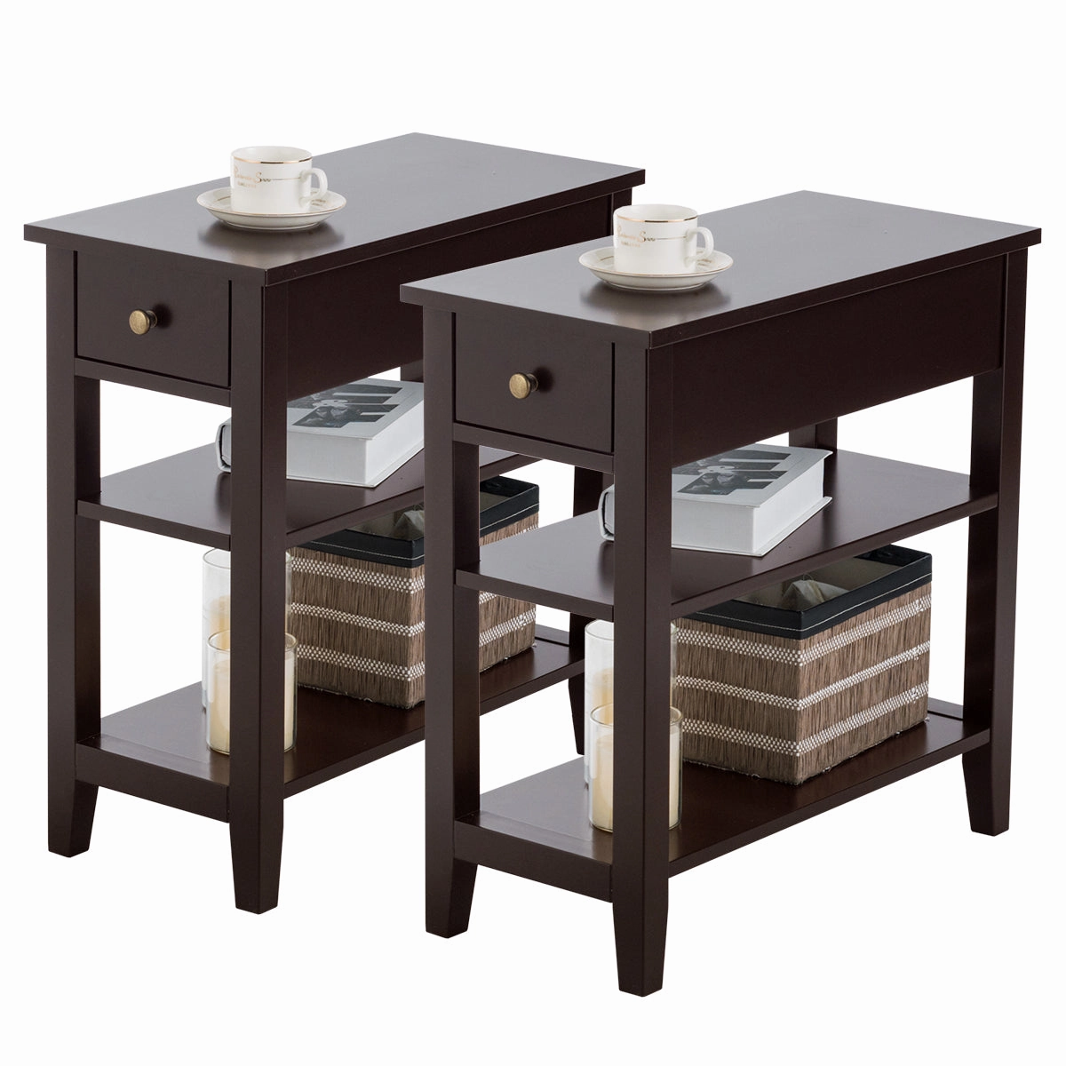 Giantex 3-Tier End Table with Drawer and Double Shelves Narrow Tiered Side Table for Bedroom