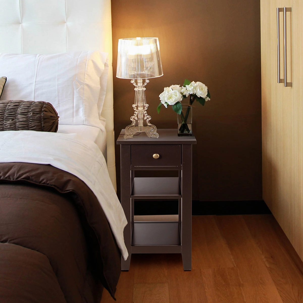 Giantex 3-Tier End Table with Drawer and Double Shelves Narrow Tiered Side Table for Bedroom