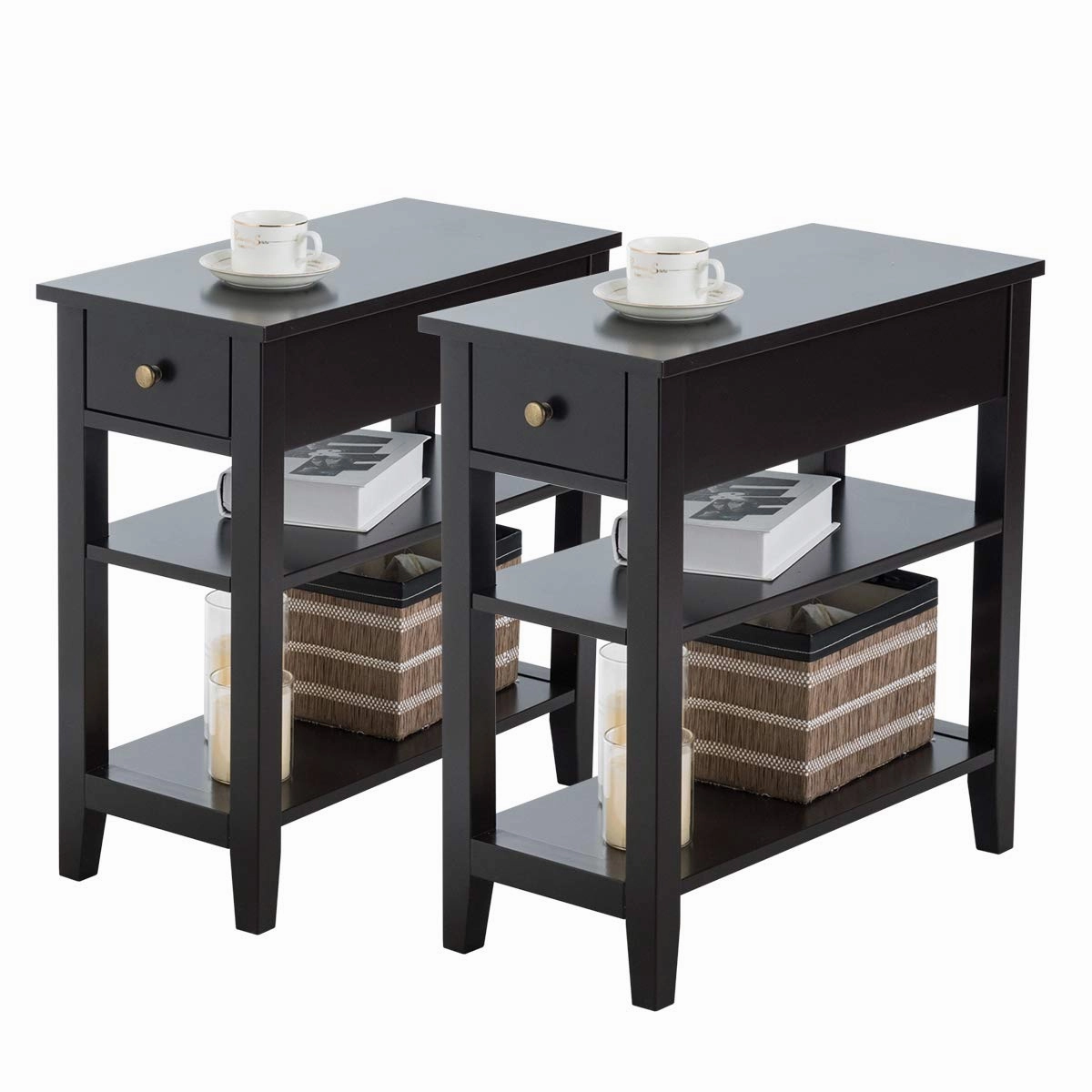 Giantex 3-Tier End Table with Drawer and Double Shelves Narrow Tiered Side Table for Bedroom