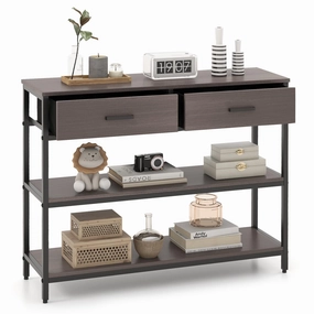 Giantex 3-Tier Entryway Table with Storage, Sofa Table w/ 2 Large Drawers, 2 Open Storage Shelves throw pillow, fuzzy blanket