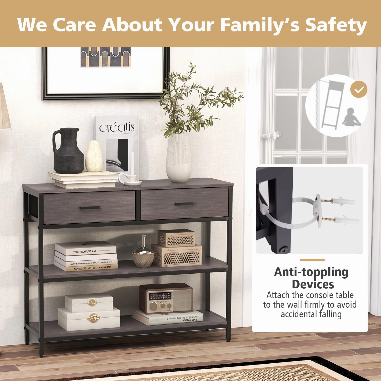 Giantex 3-Tier Entryway Table with Storage, Sofa Table w/ 2 Large Drawers, 2 Open Storage Shelves