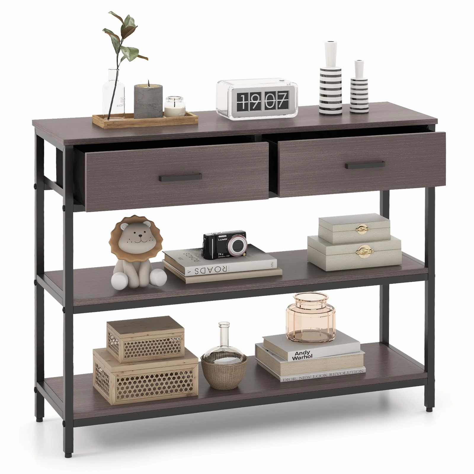Giantex 3-Tier Entryway Table with Storage, Sofa Table w/ 2 Large Drawers, 2 Open Storage Shelves throw pillow, fuzzy blanket