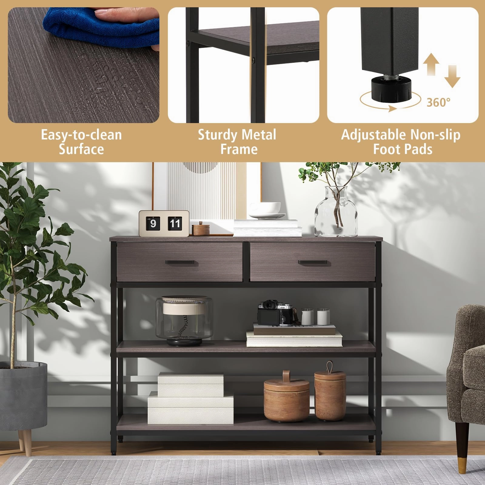 Giantex 3-Tier Entryway Table with Storage, Sofa Table w/ 2 Large Drawers, 2 Open Storage Shelves