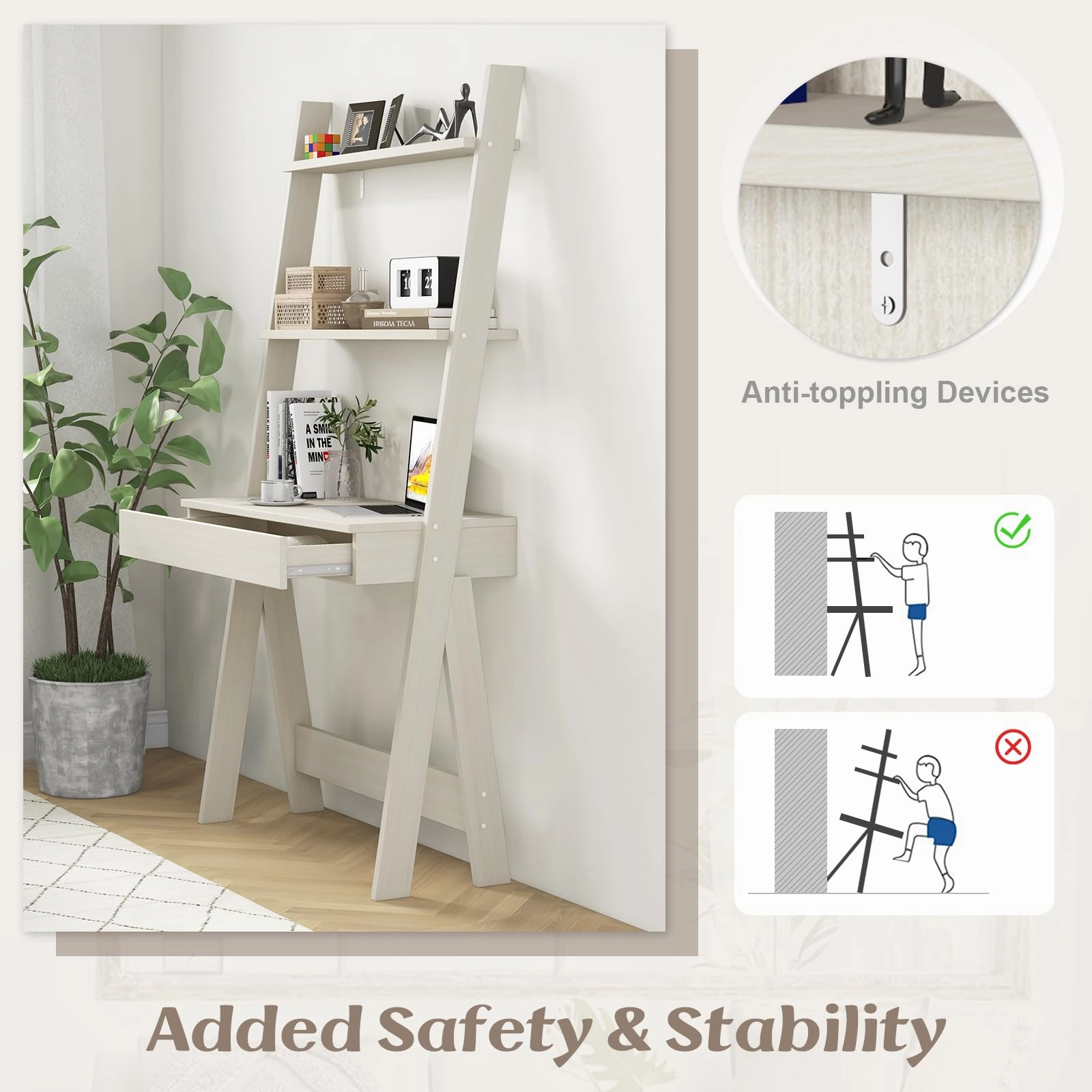 Giantex 3 Tier Ladder Desk with Drawer, 33 Width Ladder Shelf with Anti-tipping Device, Freestanding Bookshelf