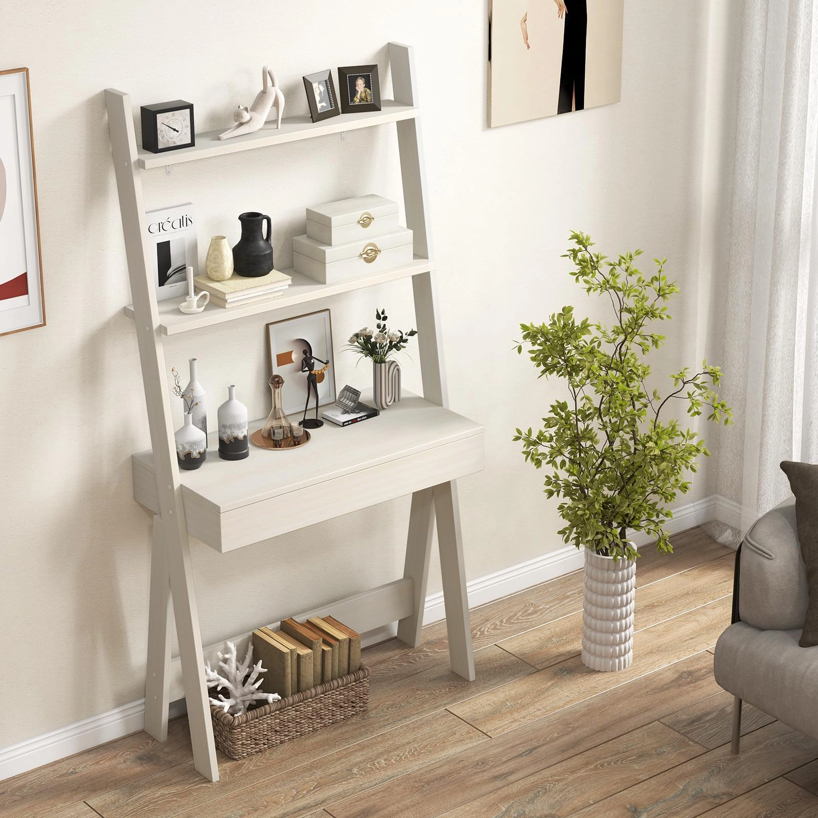 Giantex 3 Tier Ladder Desk with Drawer, 33 Width Ladder Shelf with Anti-tipping Device, Freestanding Bookshelf