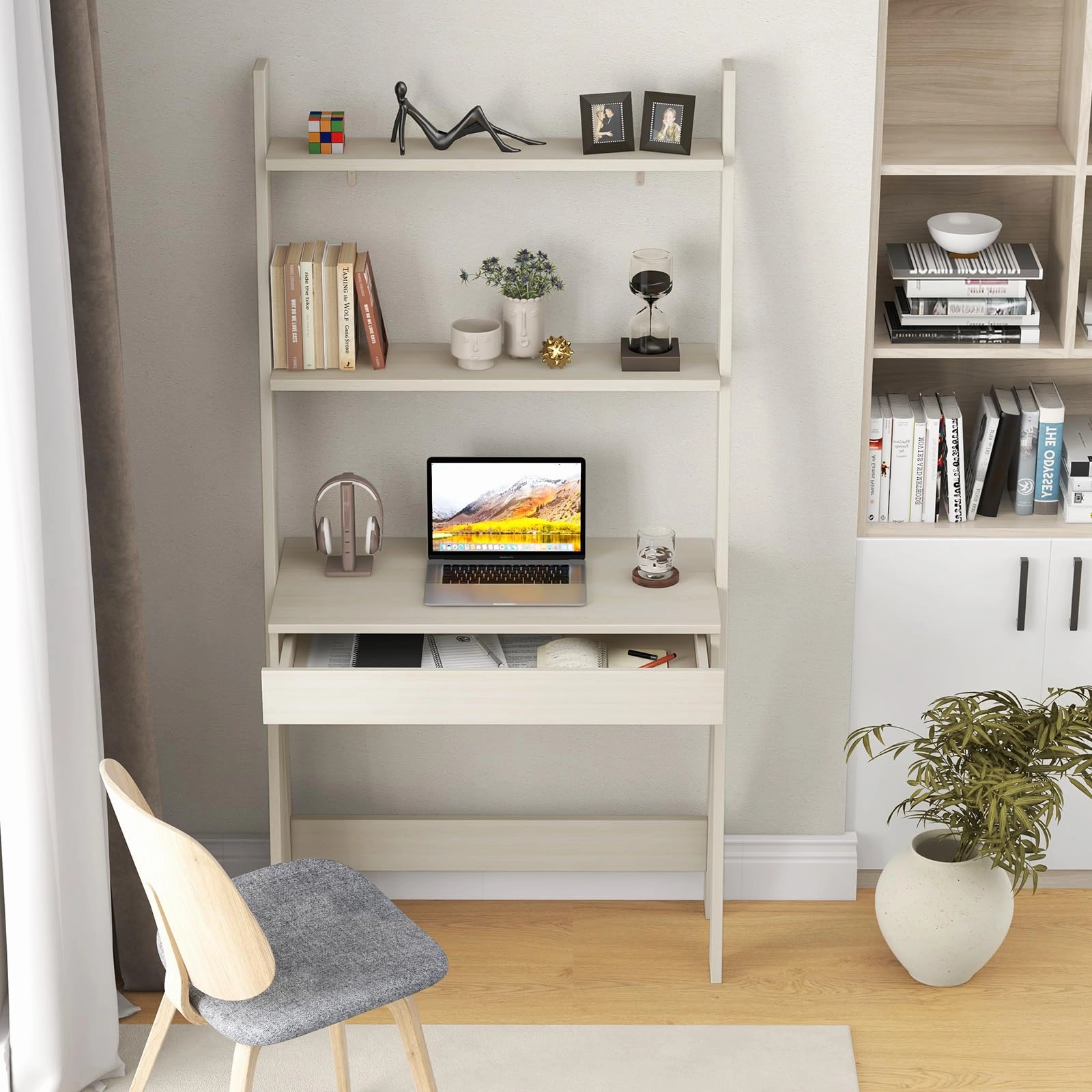 Giantex 3 Tier Ladder Desk with Drawer, 33 Width Ladder Shelf with Anti-tipping Device, Freestanding Bookshelf