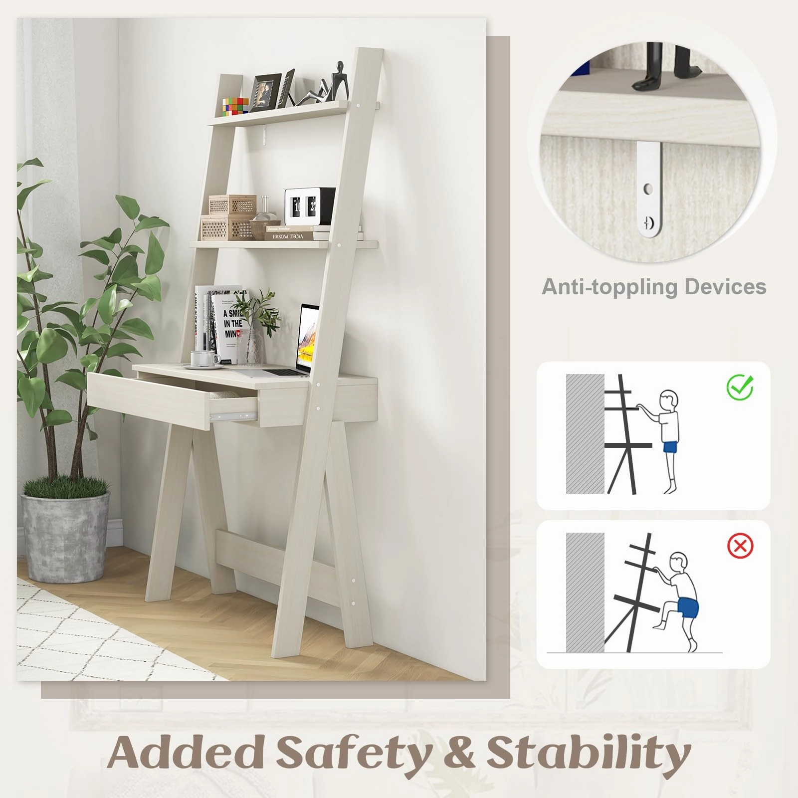 Giantex 3 Tier Ladder Desk with Drawer, 33 Width Ladder Shelf with Anti-tipping Device, Freestanding Bookshelf