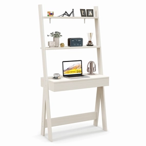 Giantex 3 Tier Ladder Desk with Drawer, 33 Width Ladder Shelf with Anti-tipping Device, Freestanding Bookshelf patio decor, garden accessories