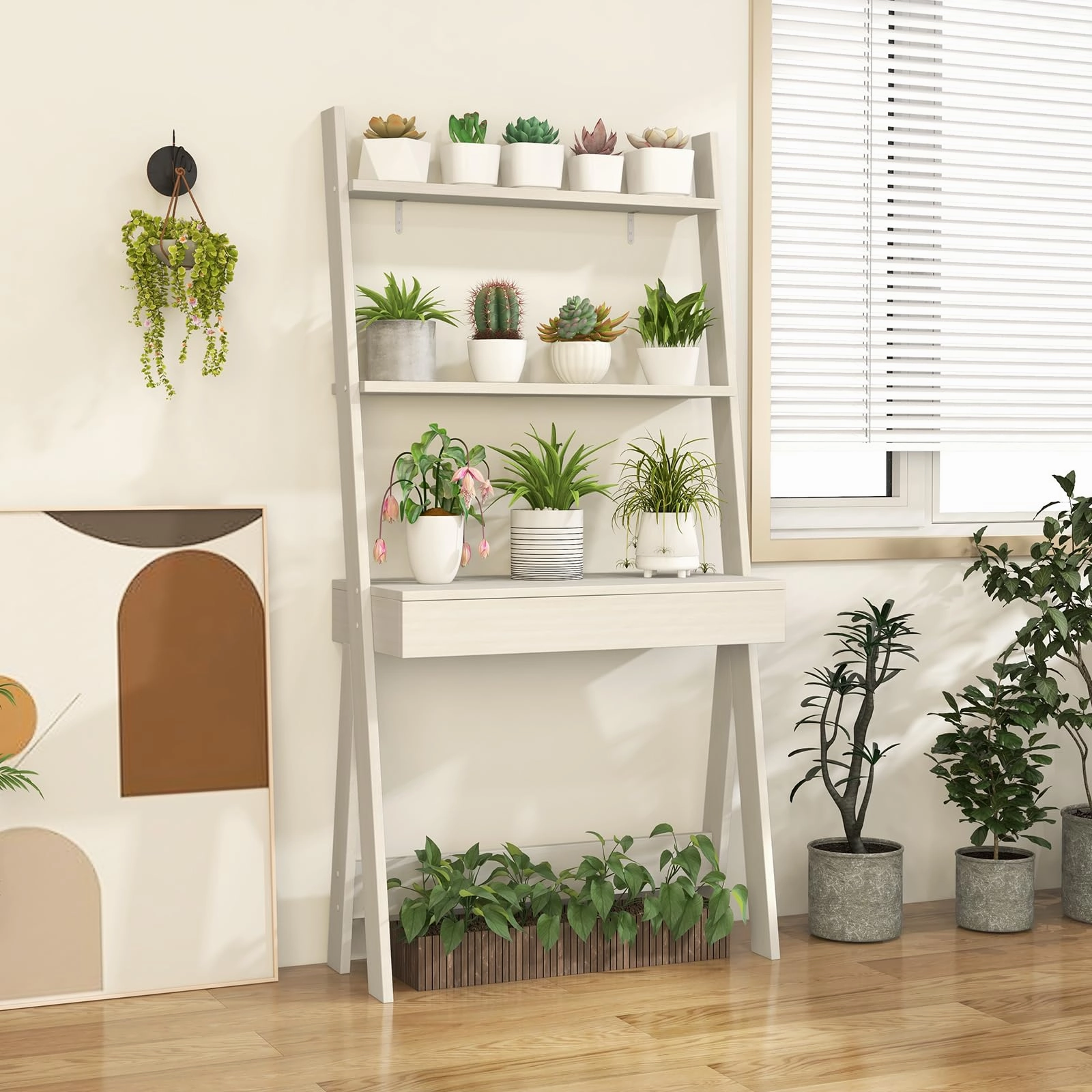 Giantex 3 Tier Ladder Desk with Drawer, 33 Width Ladder Shelf with Anti-tipping Device, Freestanding Bookshelf