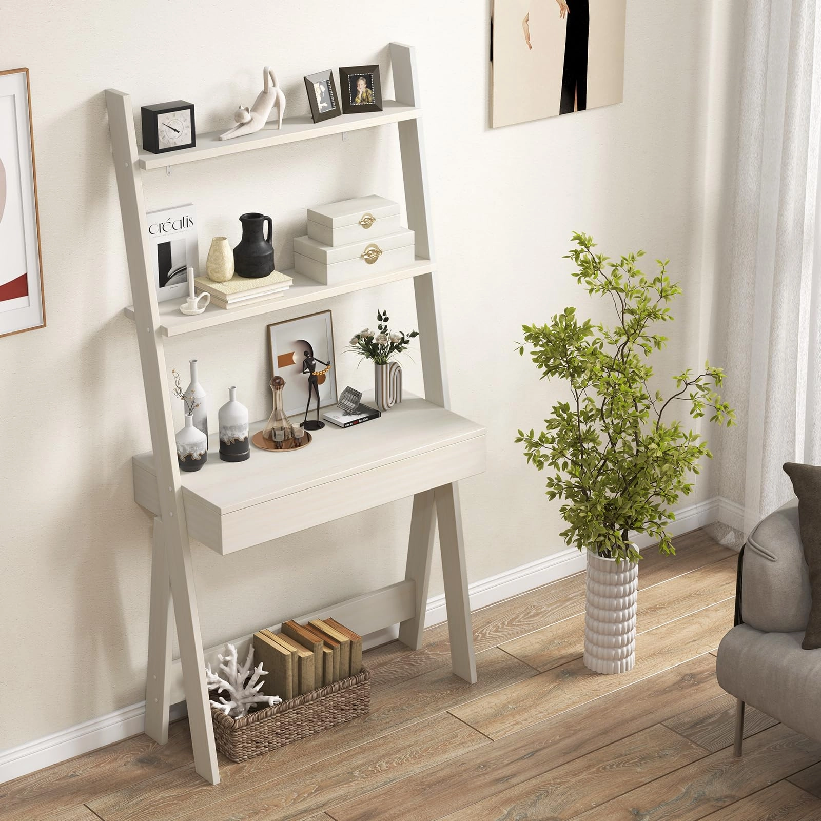 Giantex 3 Tier Ladder Desk with Drawer, 33 Width Ladder Shelf with Anti-tipping Device, Freestanding Bookshelf