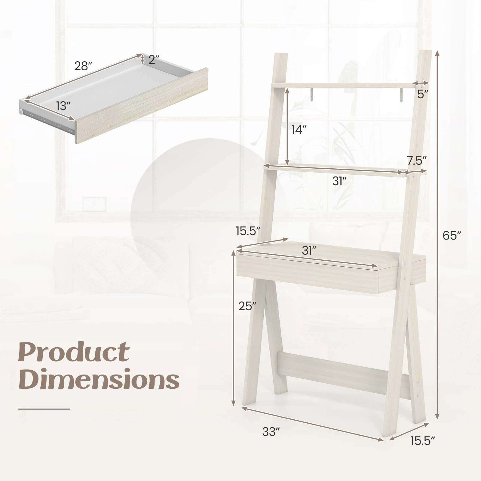 Giantex 3 Tier Ladder Desk with Drawer, 33 Width Ladder Shelf with Anti-tipping Device, Freestanding Bookshelf