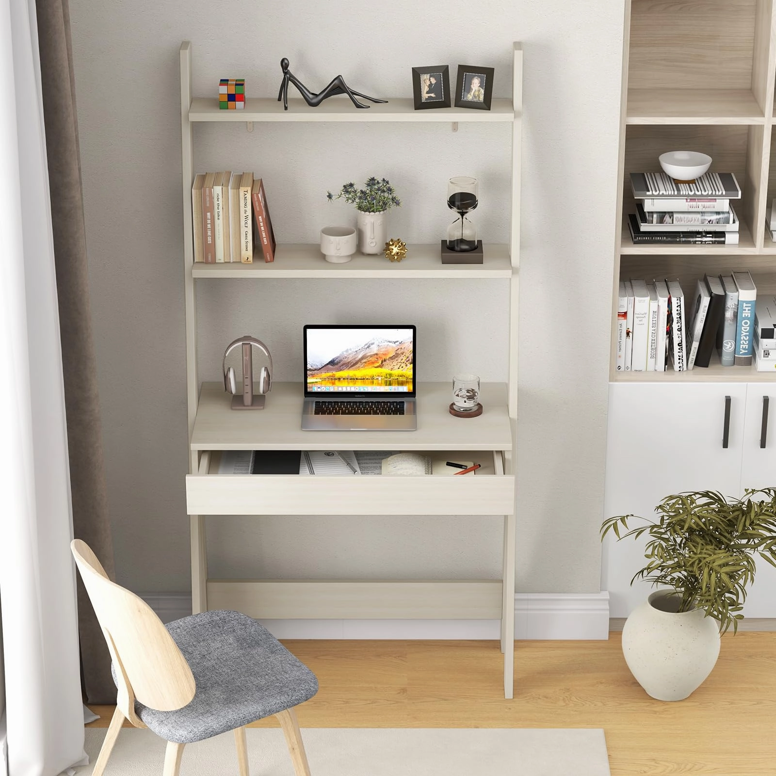 Giantex 3 Tier Ladder Desk with Drawer, 33 Width Ladder Shelf with Anti-tipping Device, Freestanding Bookshelf
