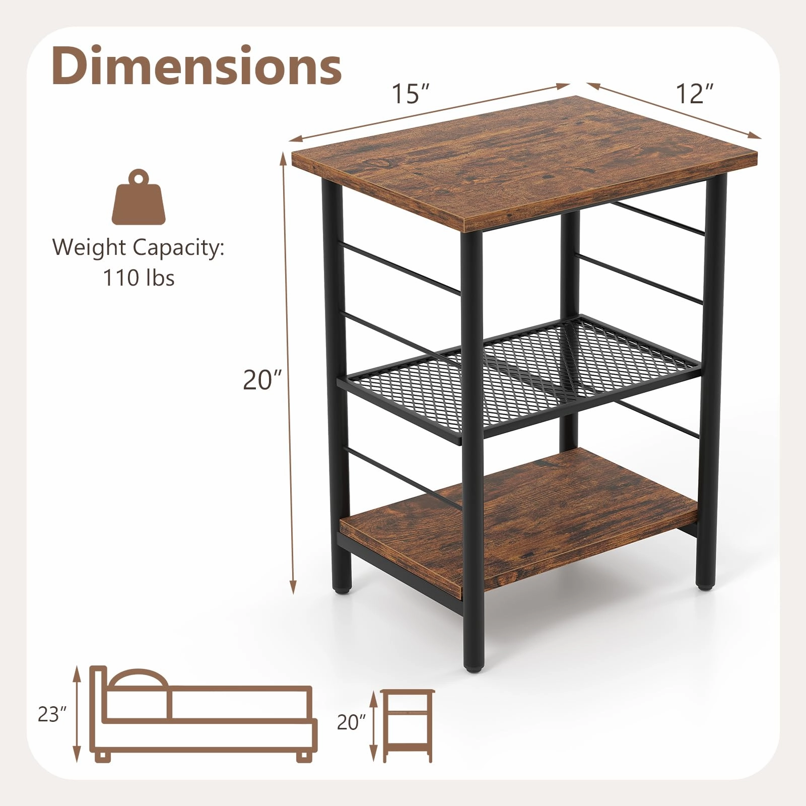 Giantex 3-Tier Side Table with Adjustable Mesh Shelf