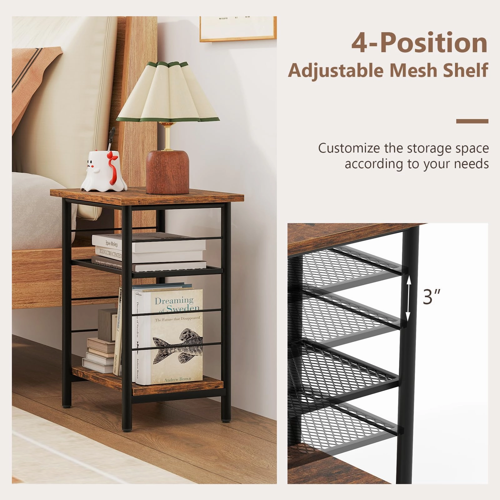 Giantex 3-Tier Side Table with Adjustable Mesh Shelf