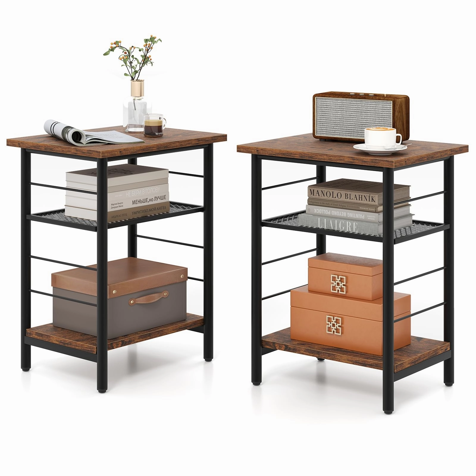 Giantex 3-Tier Side Table with Adjustable Mesh Shelf