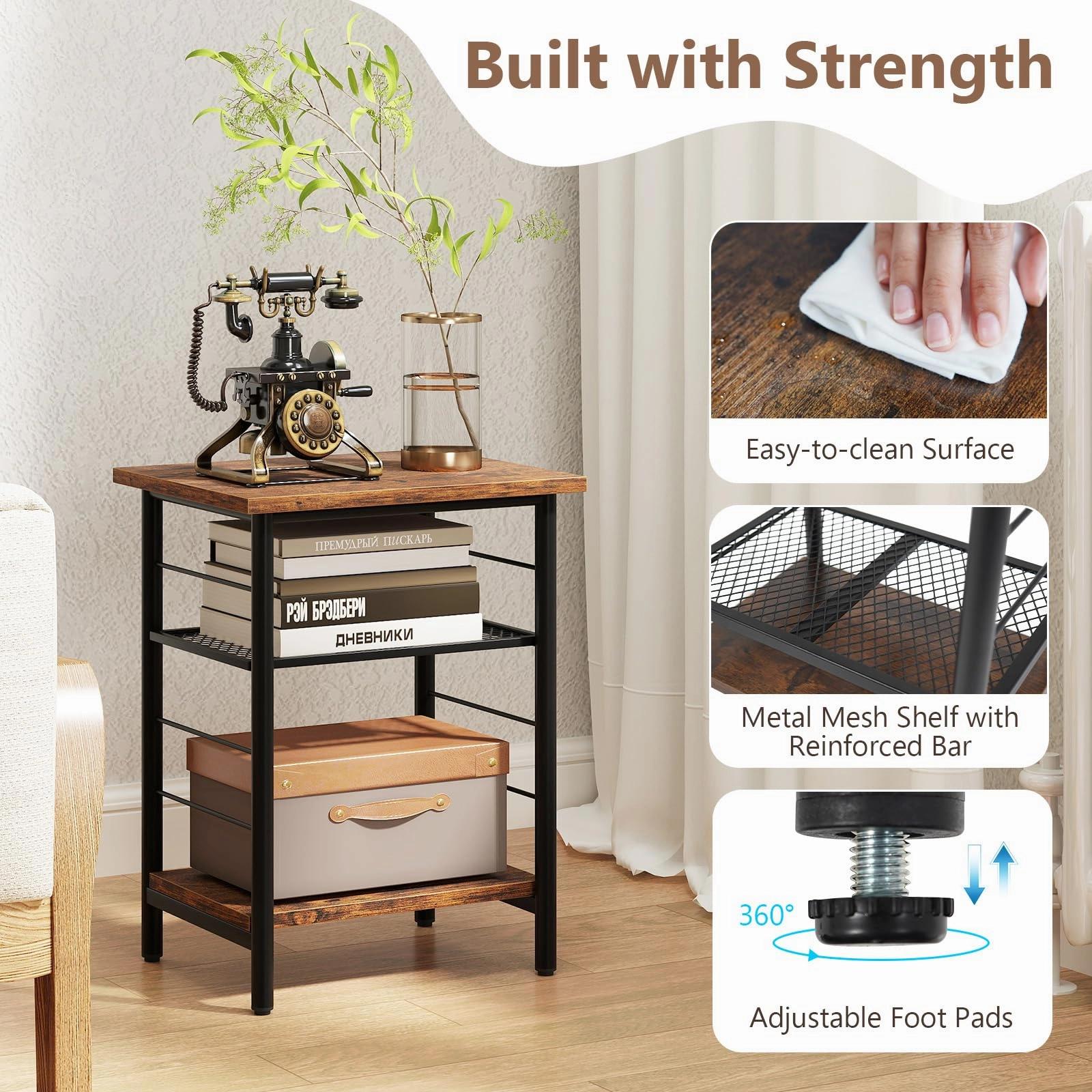 Giantex 3-Tier Side Table with Adjustable Mesh Shelf