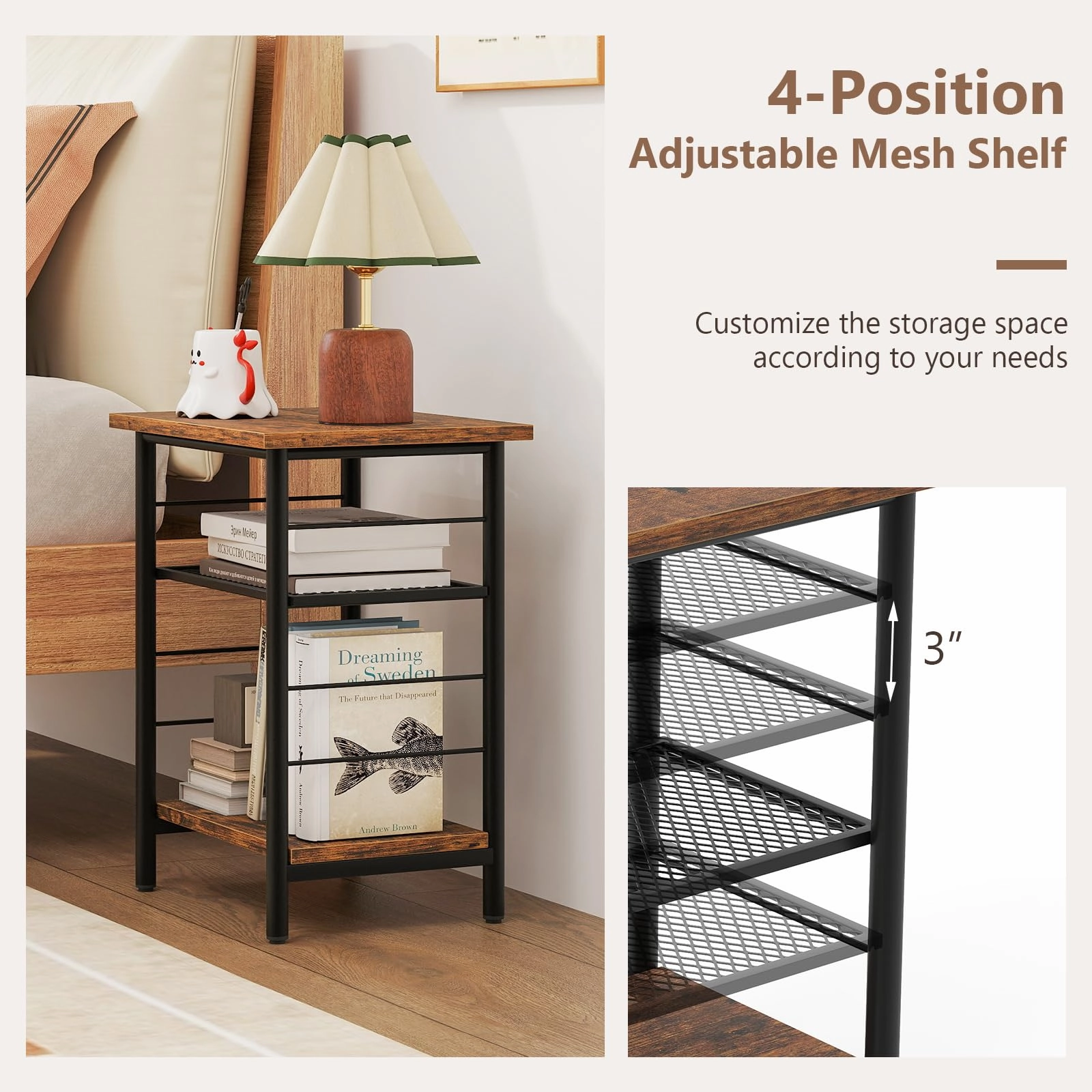 Giantex 3-Tier Side Table with Adjustable Mesh Shelf