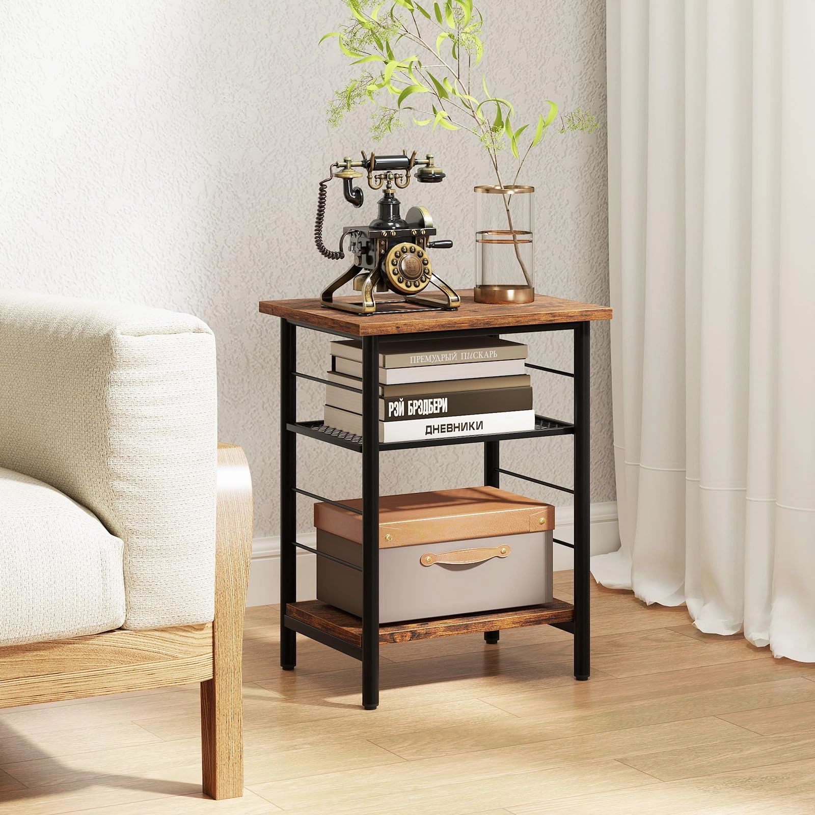 Giantex 3-Tier Side Table with Adjustable Mesh Shelf