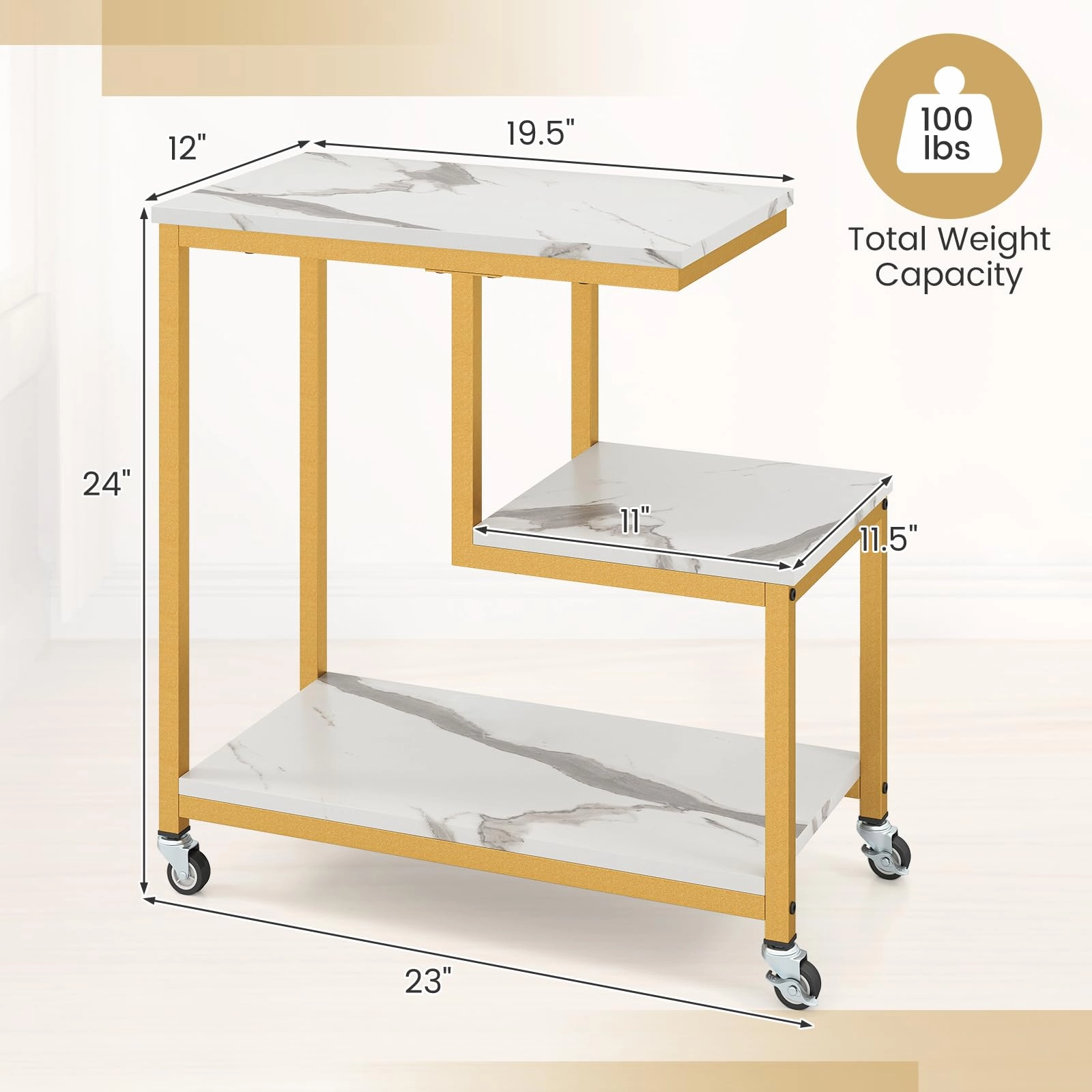 Giantex 3 Tier Side Table with Wheels for Living Room Bedroom Office