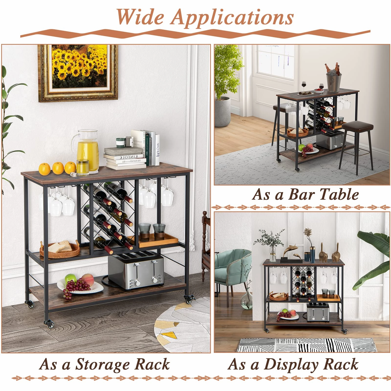 Giantex 3-Tier Wine Bar Cabinet - on Wheels, 8 Bottles Rack & 12 Glasses Hanger (Rustic Brown & Black)