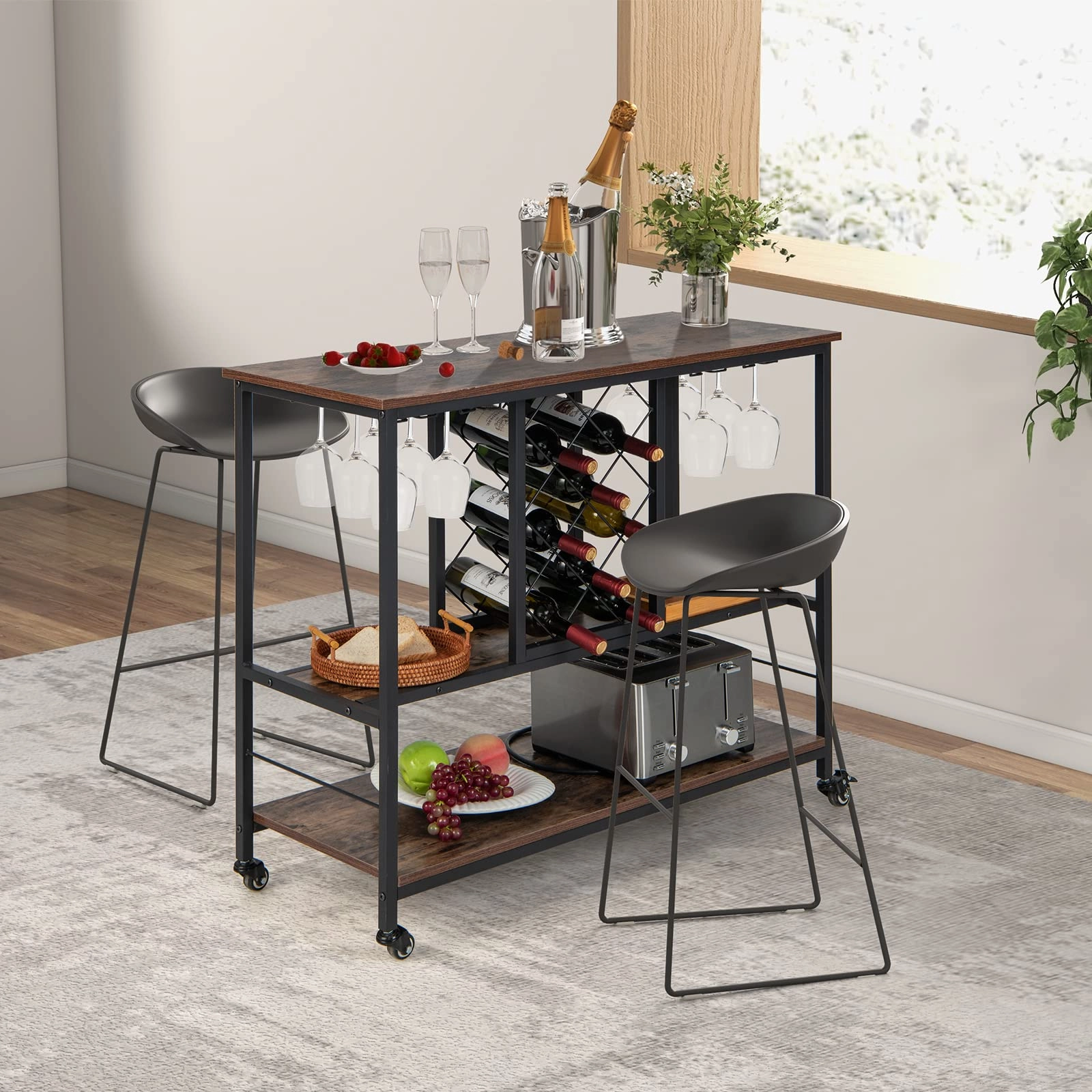 Giantex 3-Tier Wine Bar Cabinet - on Wheels, 8 Bottles Rack & 12 Glasses Hanger (Rustic Brown & Black)