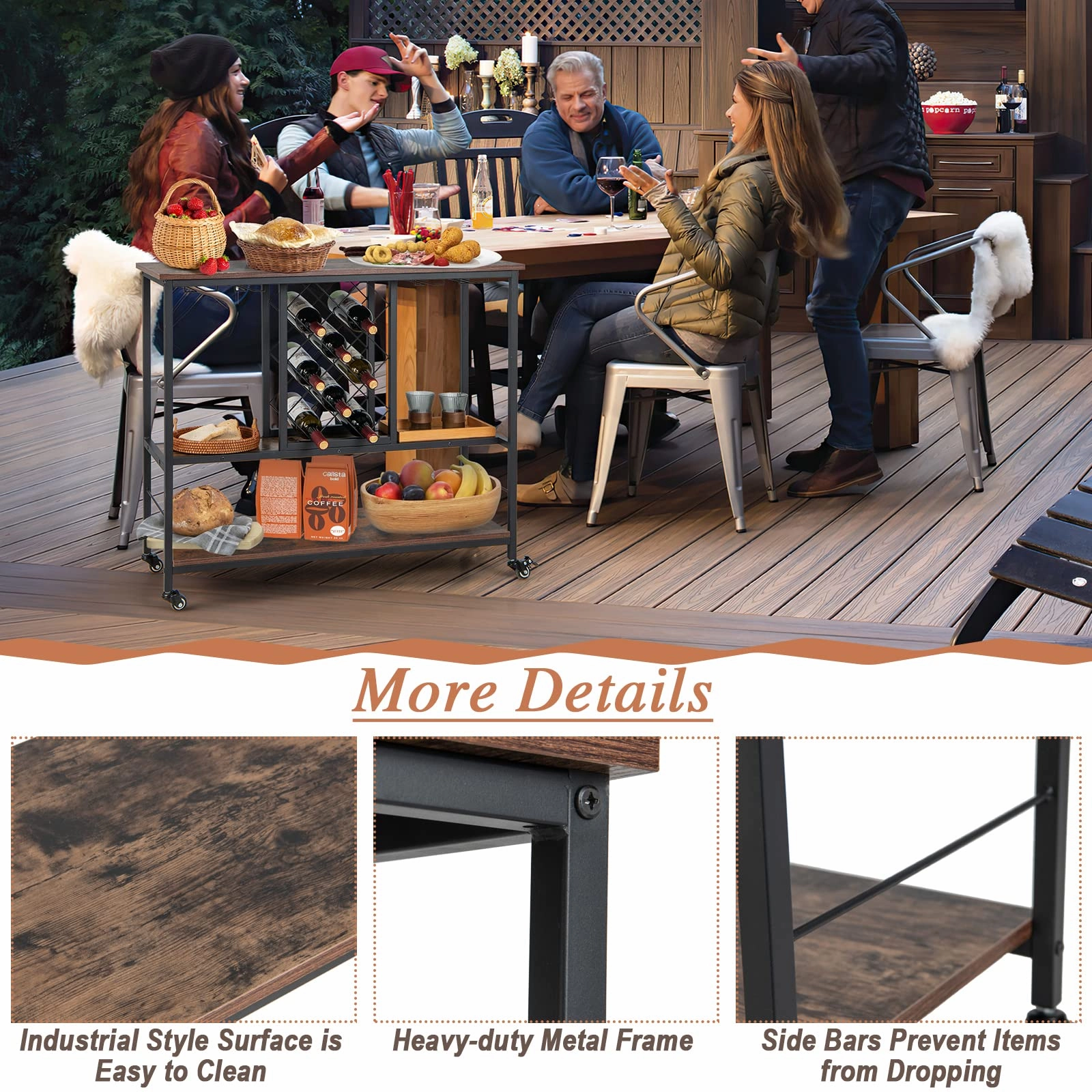 Giantex 3-Tier Wine Bar Cabinet - on Wheels, 8 Bottles Rack & 12 Glasses Hanger (Rustic Brown & Black)