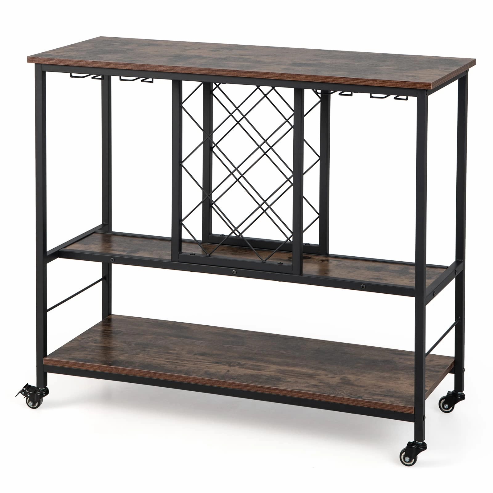 Giantex 3-Tier Wine Bar Cabinet - on Wheels, 8 Bottles Rack & 12 Glasses Hanger (Rustic Brown & Black) kitchen towel, placemats