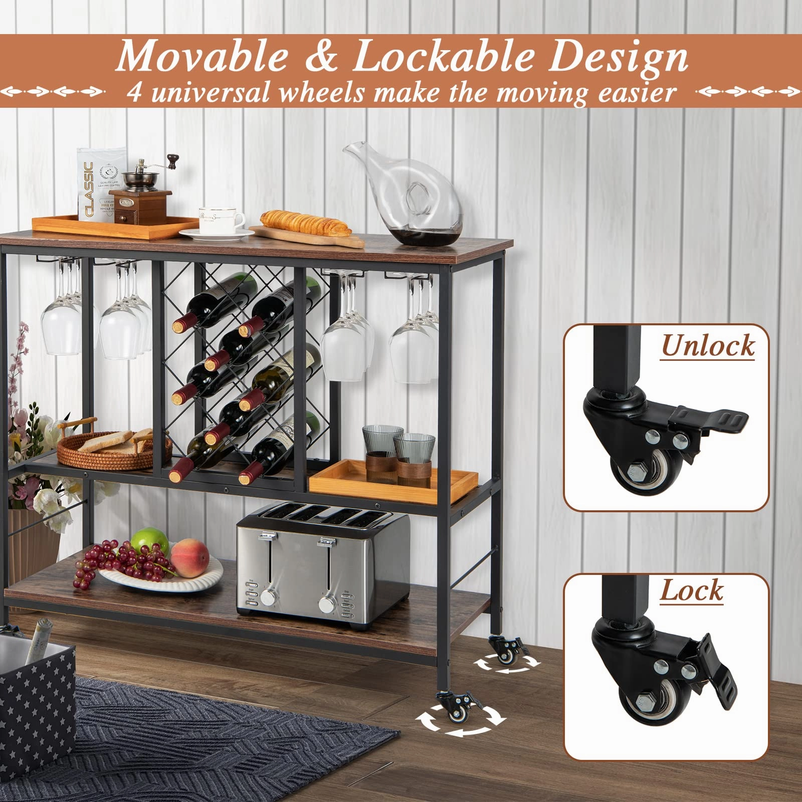 Giantex 3-Tier Wine Bar Cabinet - on Wheels, 8 Bottles Rack & 12 Glasses Hanger (Rustic Brown & Black)
