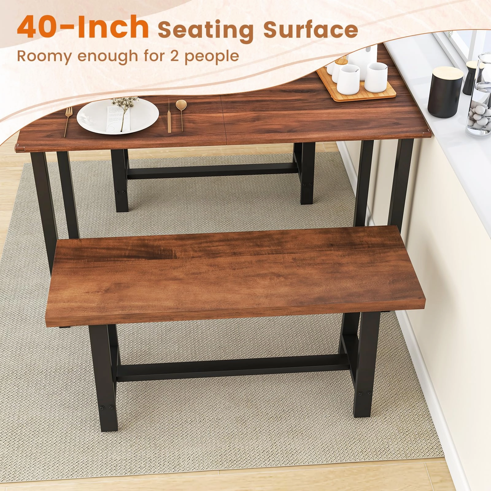 Giantex 40 Wood Dining Bench, 2 Person Entryway Shoe Bench with Metal Frame, Rectangular End of Bed Bench