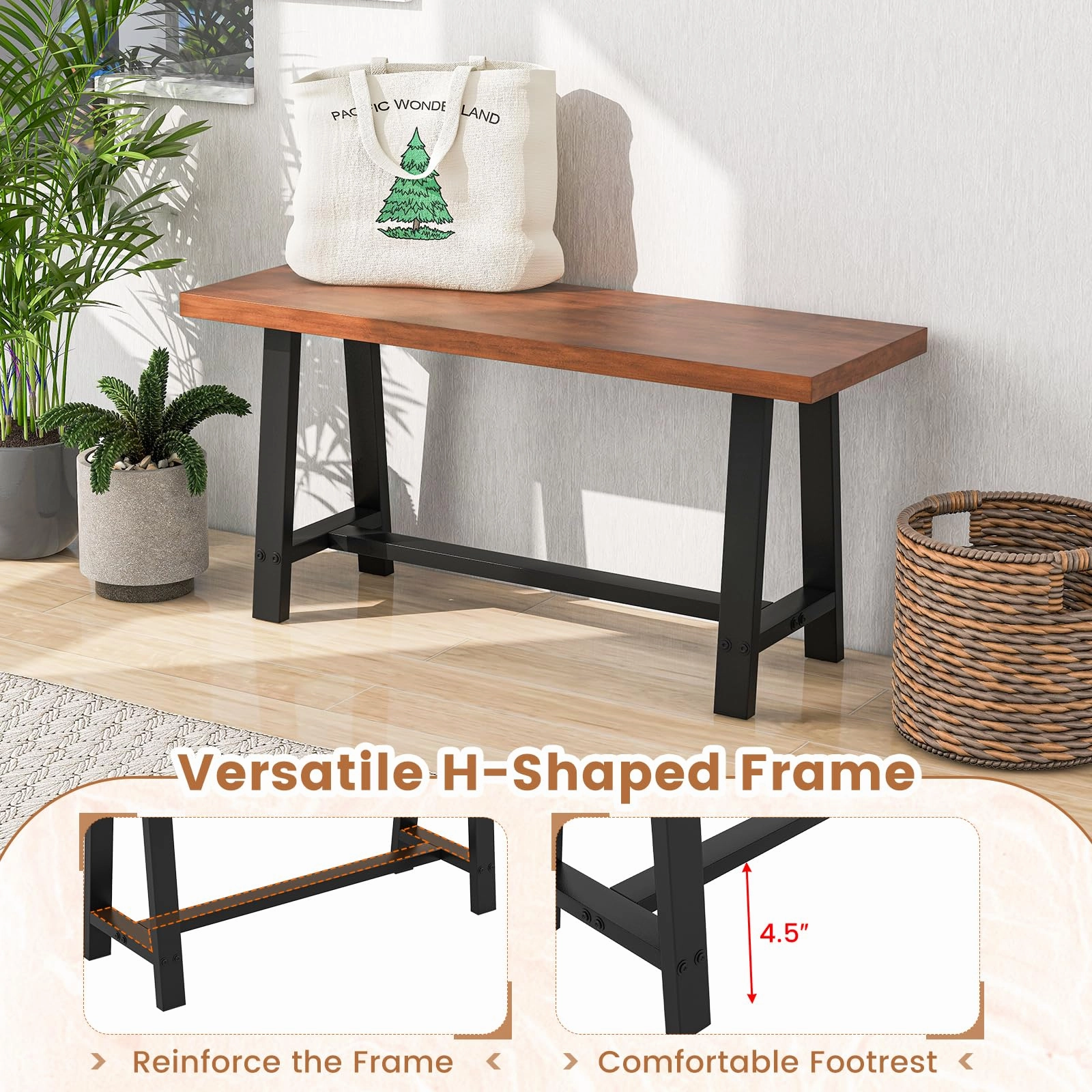 Giantex 40 Wood Dining Bench, 2 Person Entryway Shoe Bench with Metal Frame, Rectangular End of Bed Bench