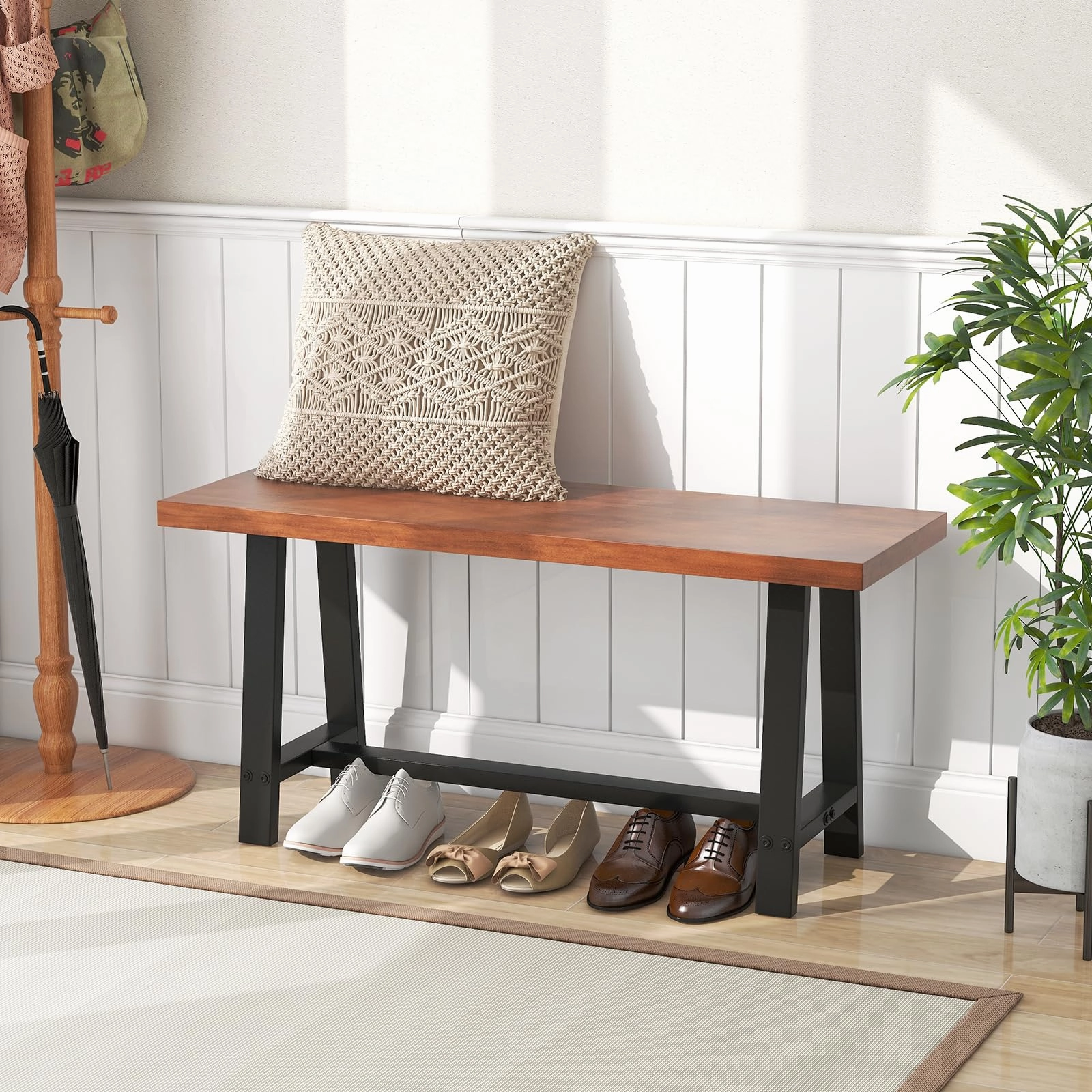 Giantex 40 Wood Dining Bench, 2 Person Entryway Shoe Bench with Metal Frame, Rectangular End of Bed Bench
