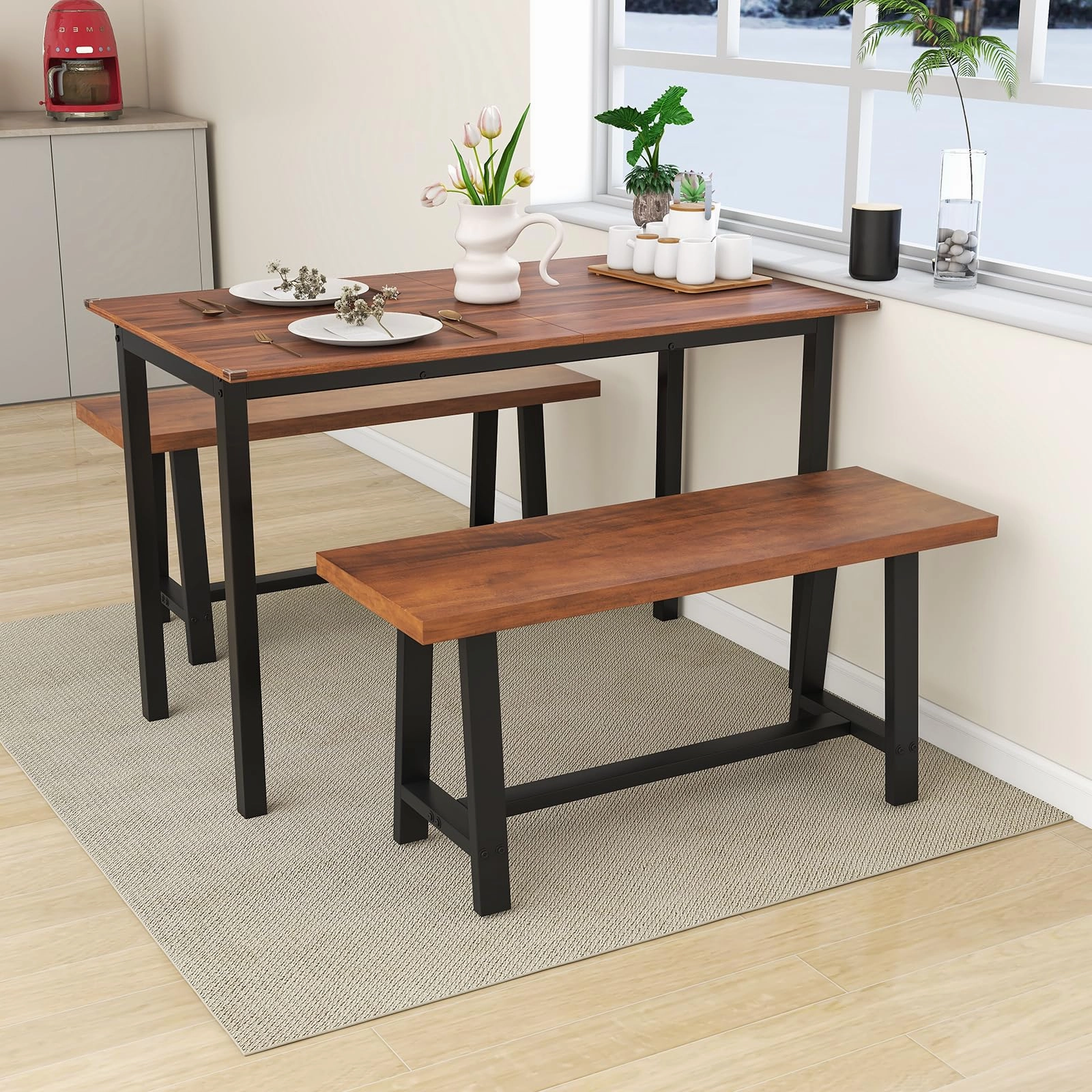 Giantex 40 Wood Dining Bench, 2 Person Entryway Shoe Bench with Metal Frame, Rectangular End of Bed Bench