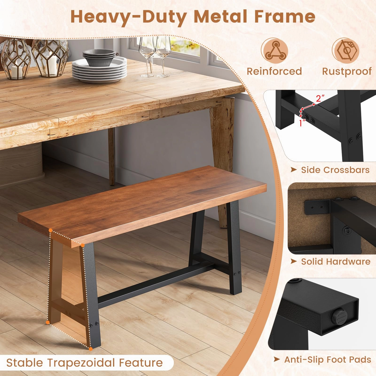 Giantex 40 Wood Dining Bench, 2 Person Entryway Shoe Bench with Metal Frame, Rectangular End of Bed Bench