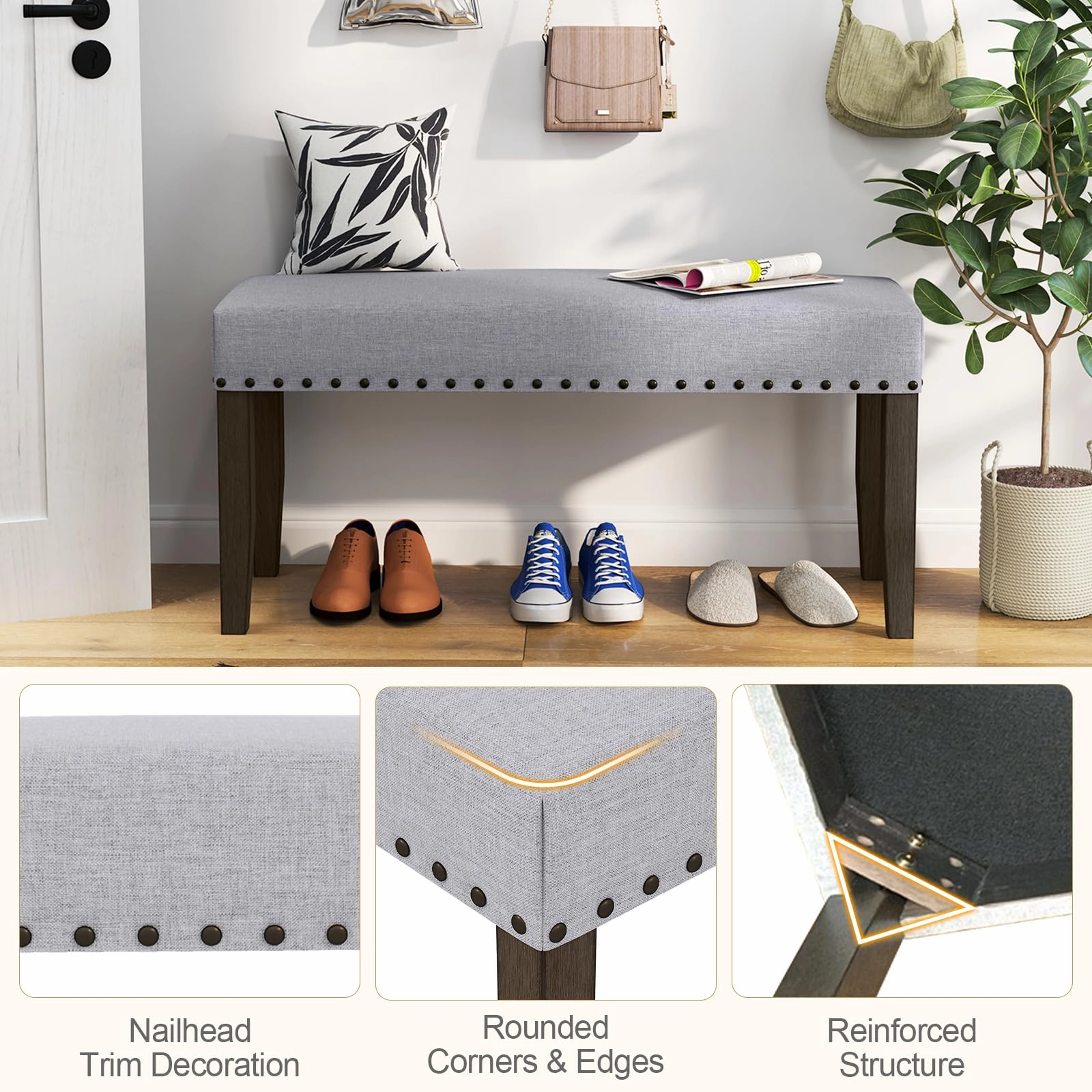 Giantex 42.5 Upholstered Entryway Bench, Set of 1/2 Dining Bench with Nailhead Trim