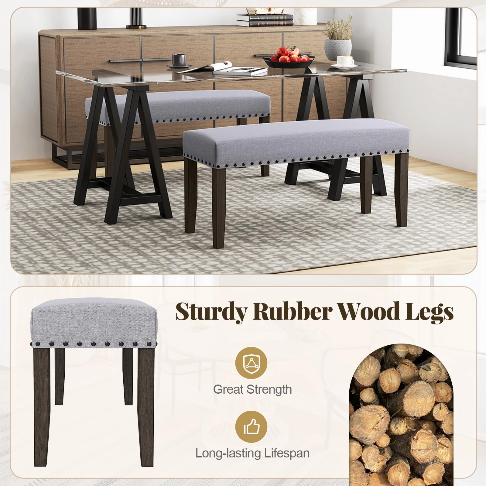 Giantex 42.5 Upholstered Entryway Bench, Set of 1/2 Dining Bench with Nailhead Trim