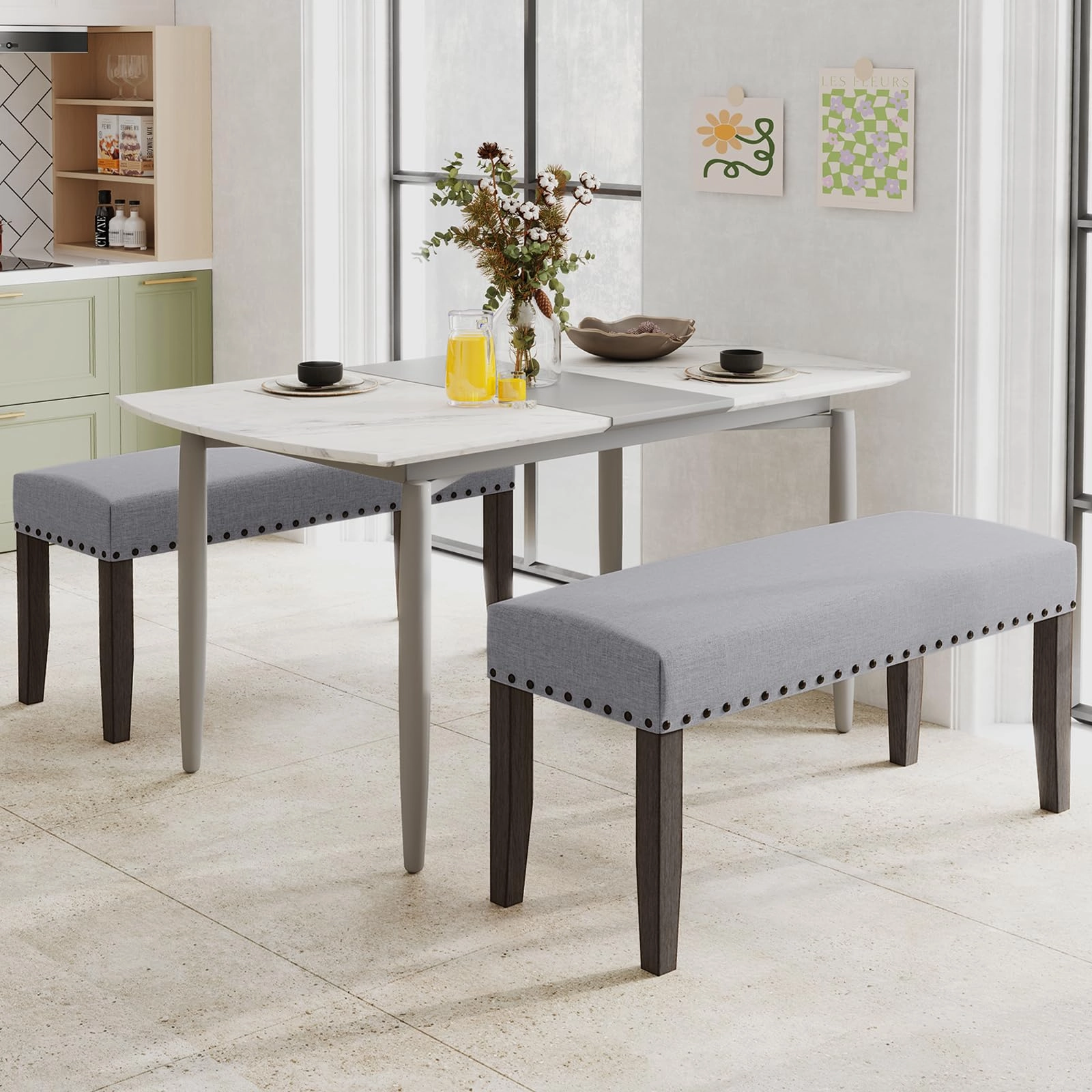 Giantex 42.5 Upholstered Entryway Bench, Set of 1/2 Dining Bench with Nailhead Trim