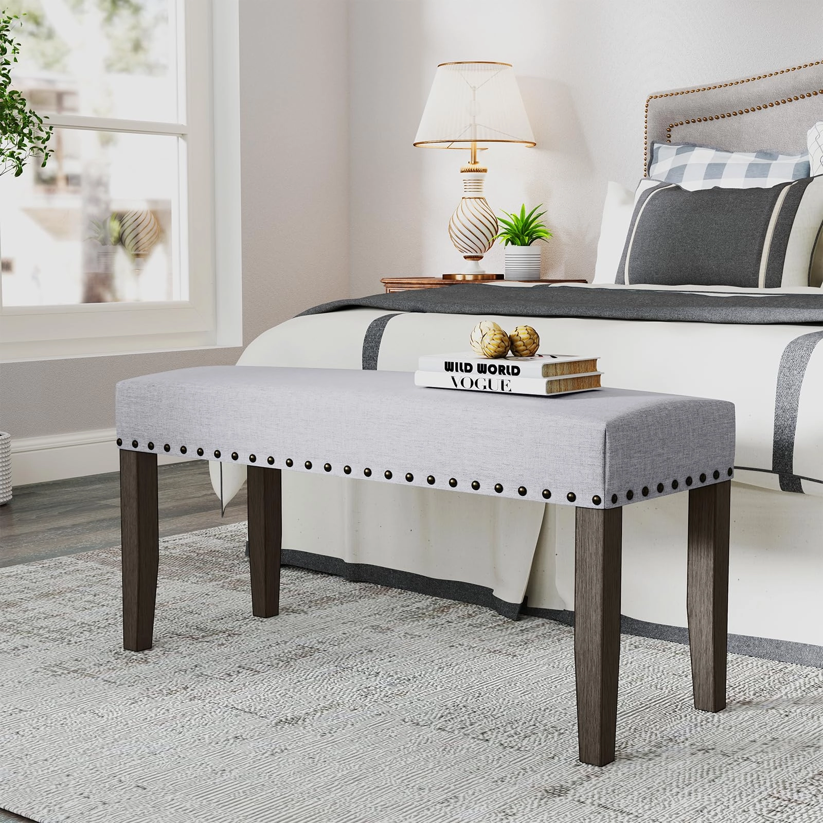 Giantex 42.5 Upholstered Entryway Bench, Set of 1/2 Dining Bench with Nailhead Trim