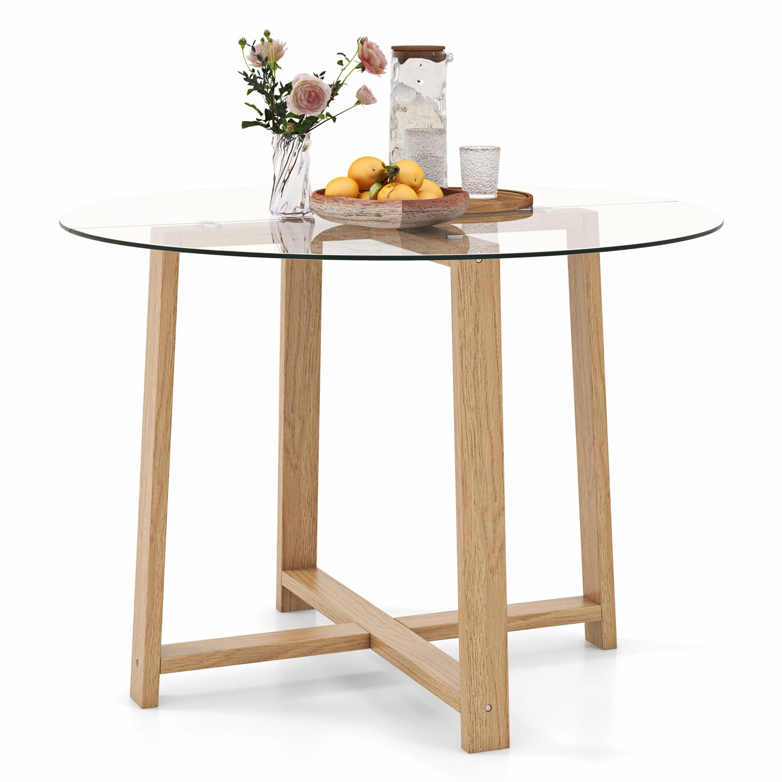 Giantex 42 Round Dining Table for 4, Kitchen Table with 0.3 Tempered Glass Tabletop, Rubber Wood Legs kitchen towel, placemats