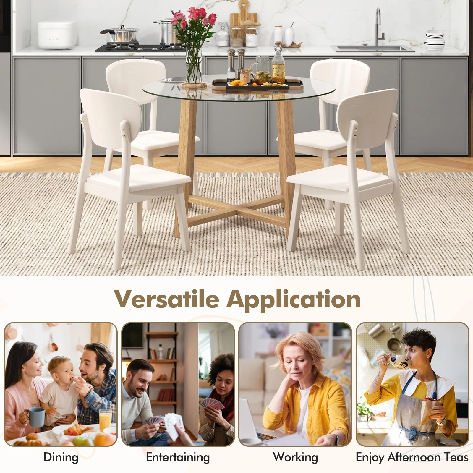 Giantex 42 Round Dining Table for 4, Kitchen Table with 0.3 Tempered Glass Tabletop, Rubber Wood Legs