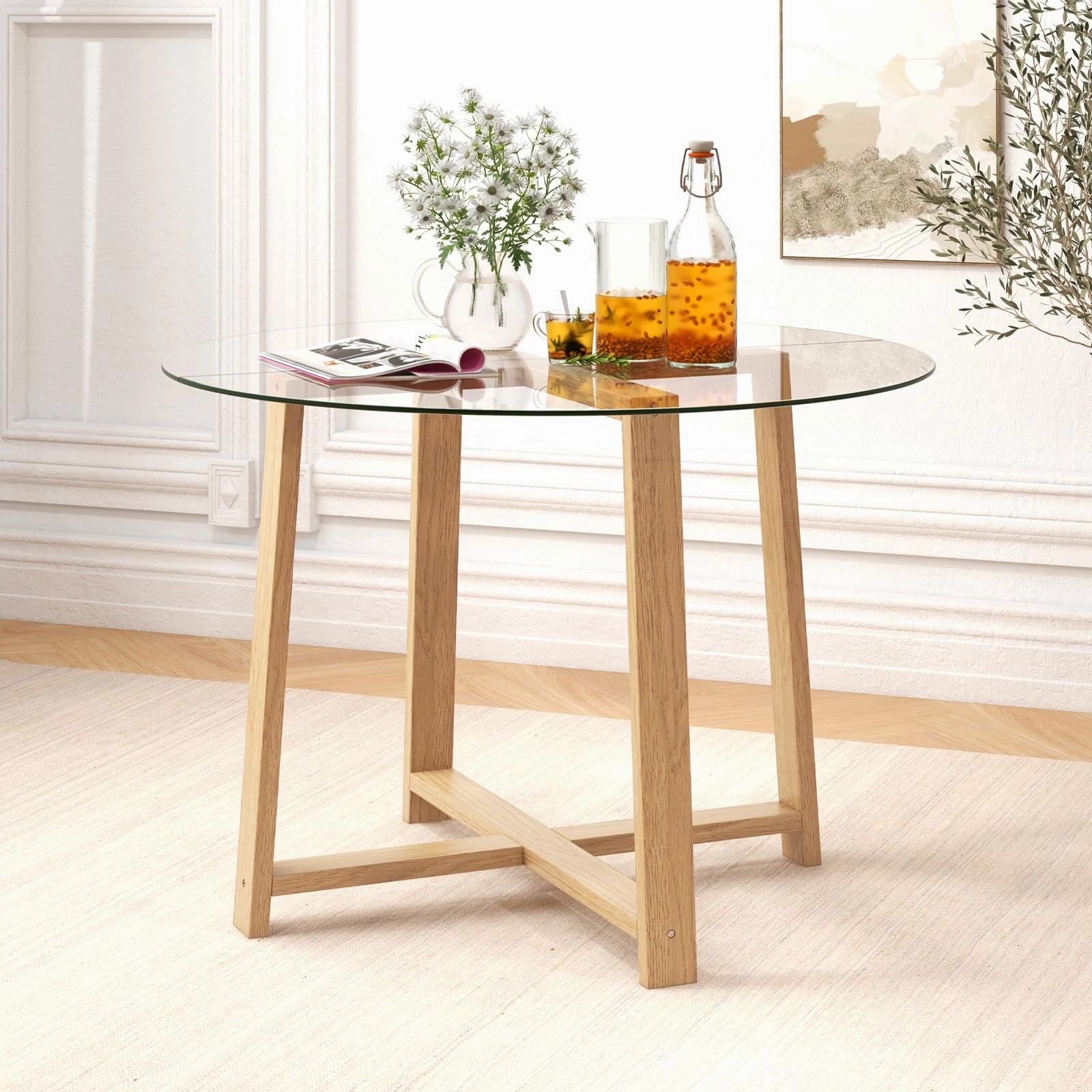 Giantex 42 Round Dining Table for 4, Kitchen Table with 0.3 Tempered Glass Tabletop, Rubber Wood Legs