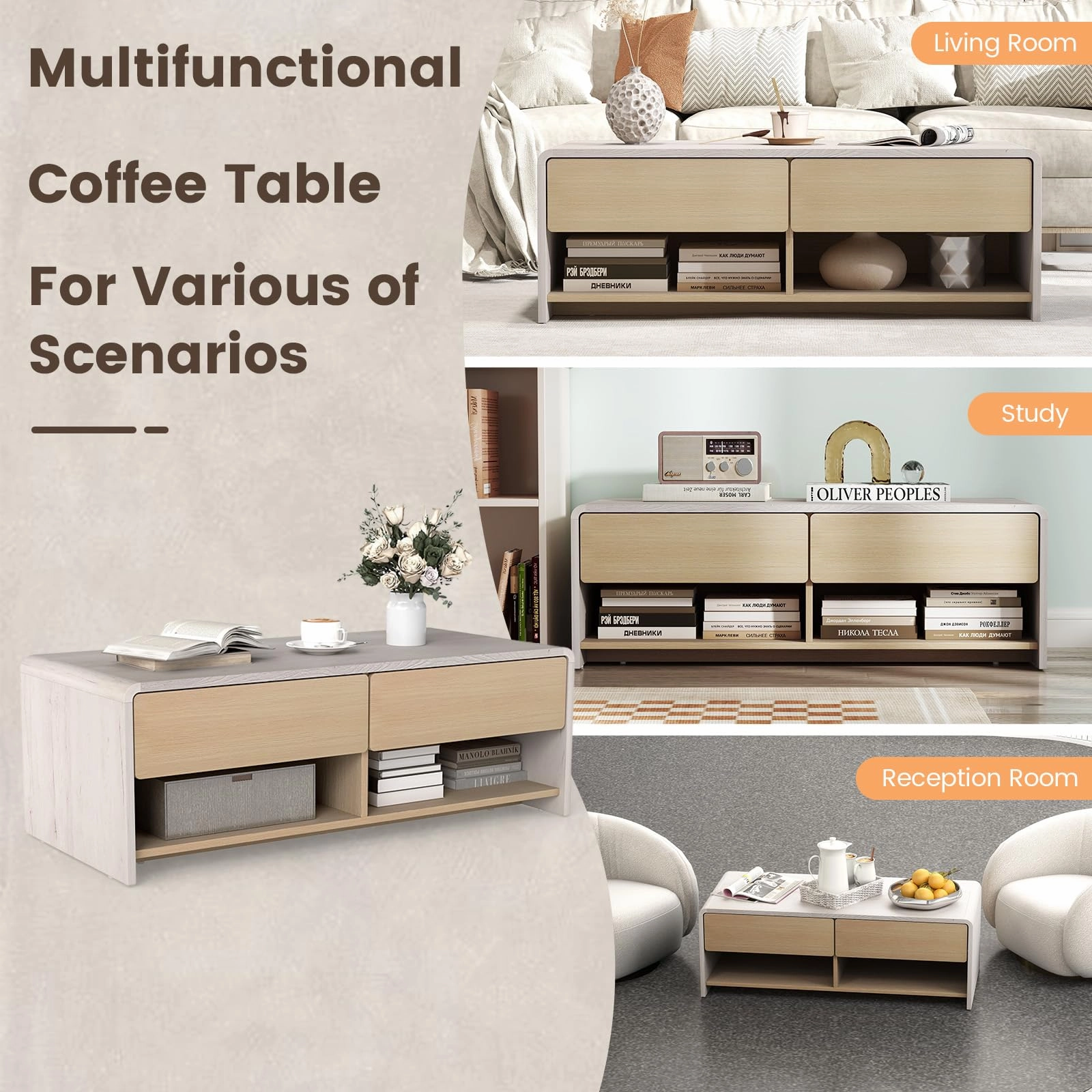 Giantex 43 Inch Modern Rectangle Coffee Table with Storage Drawers