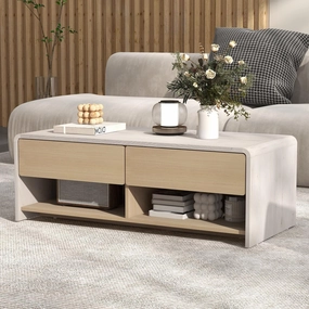 Giantex 43 Inch Modern Rectangle Coffee Table with Storage Drawers throw pillow, fuzzy blanket