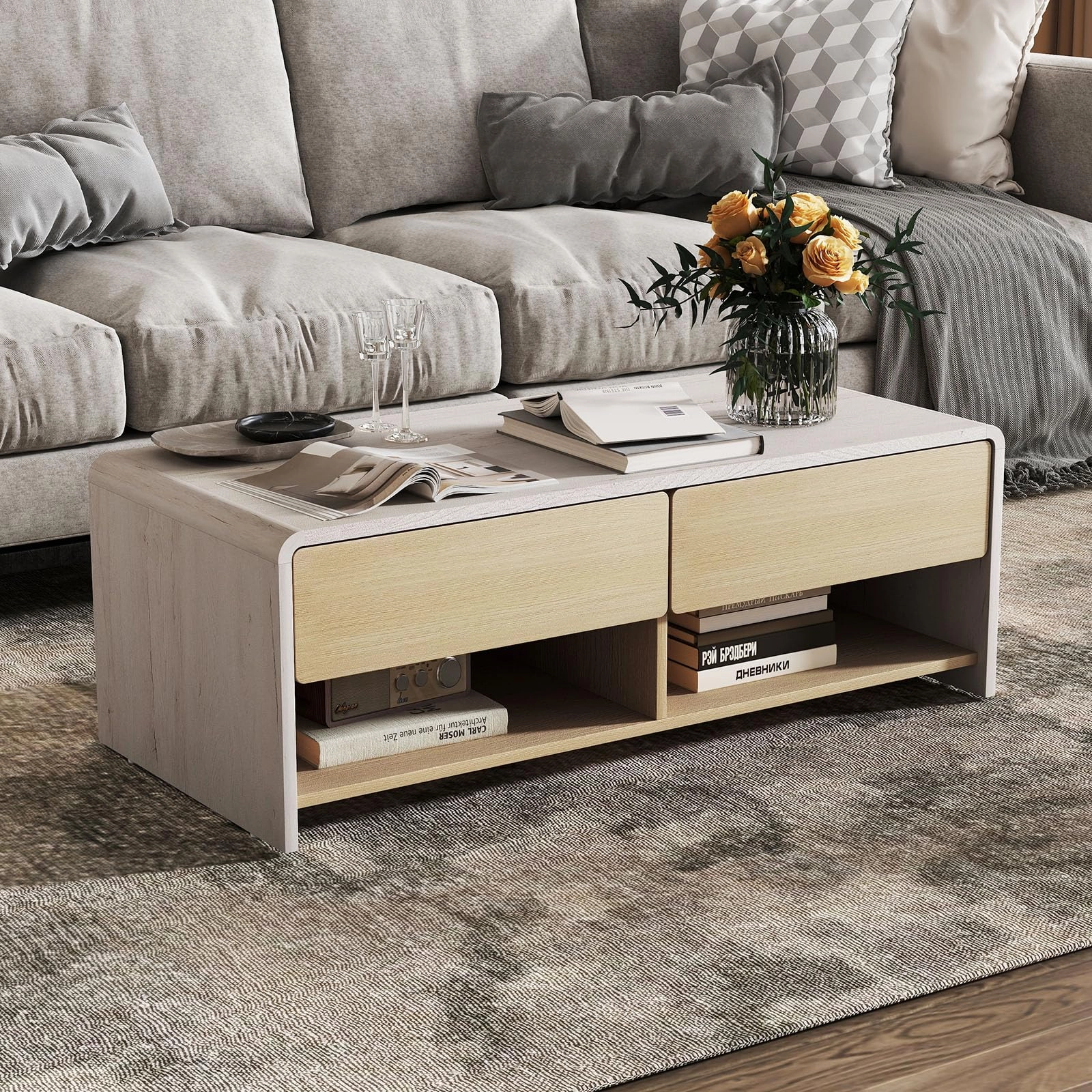 Giantex 43 Inch Modern Rectangle Coffee Table with Storage Drawers