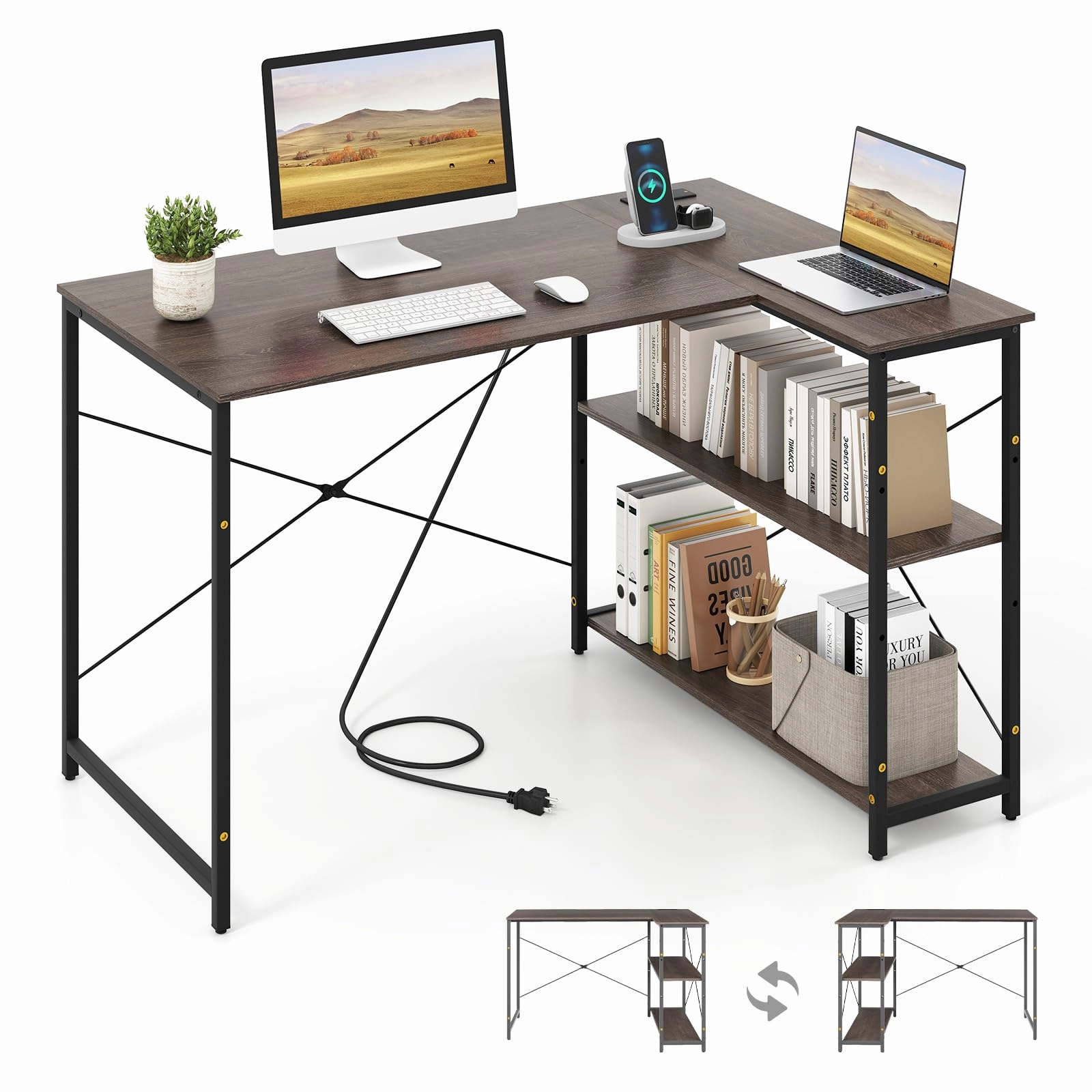 Giantex 47 Inch Reversible Computer Desk with Adjustable Storage Shelves and Metal Frame