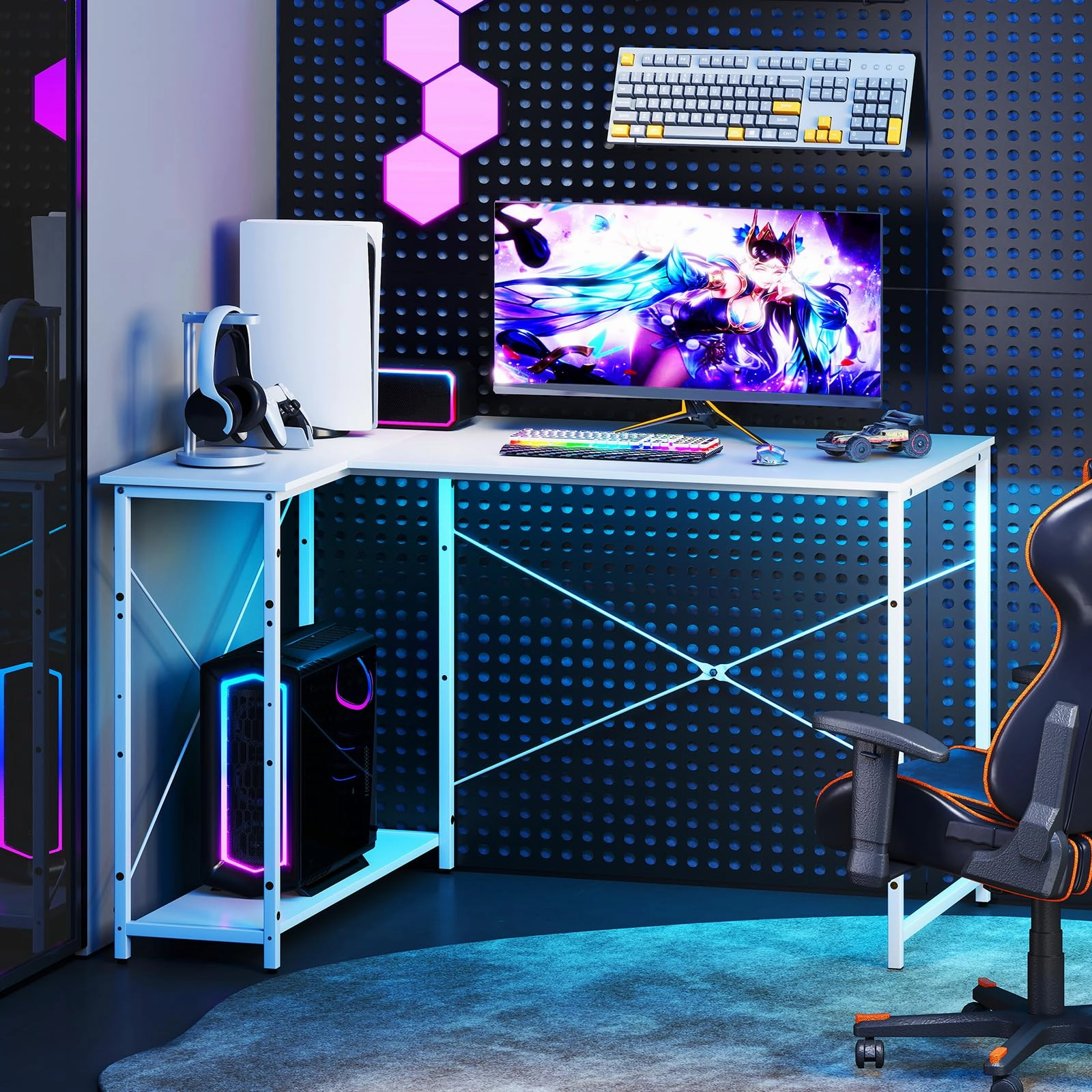 Giantex 47 Inch Reversible Computer Desk with Adjustable Storage Shelves and Metal Frame