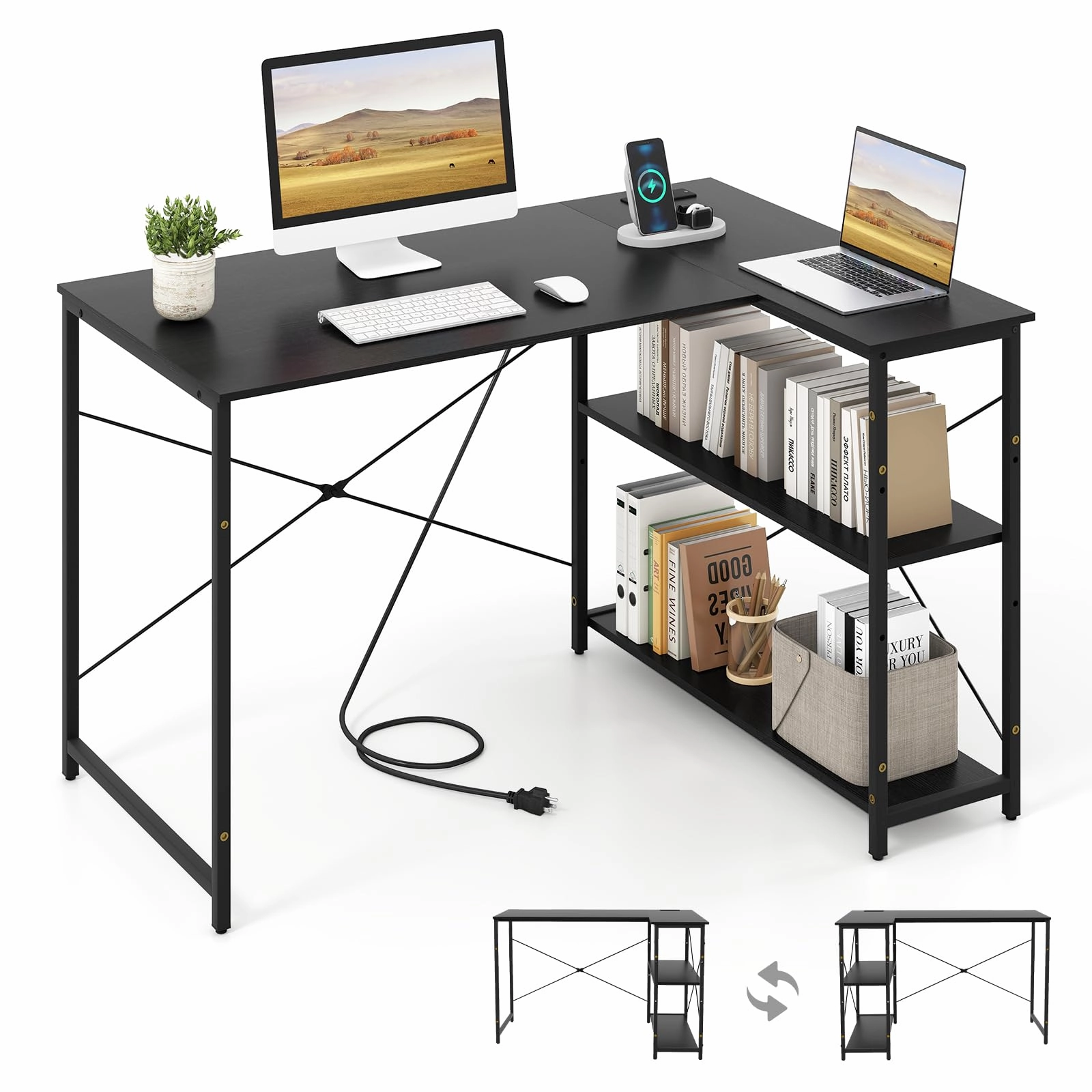 Giantex 47 Inch Reversible Computer Desk with Adjustable Storage Shelves and Metal Frame