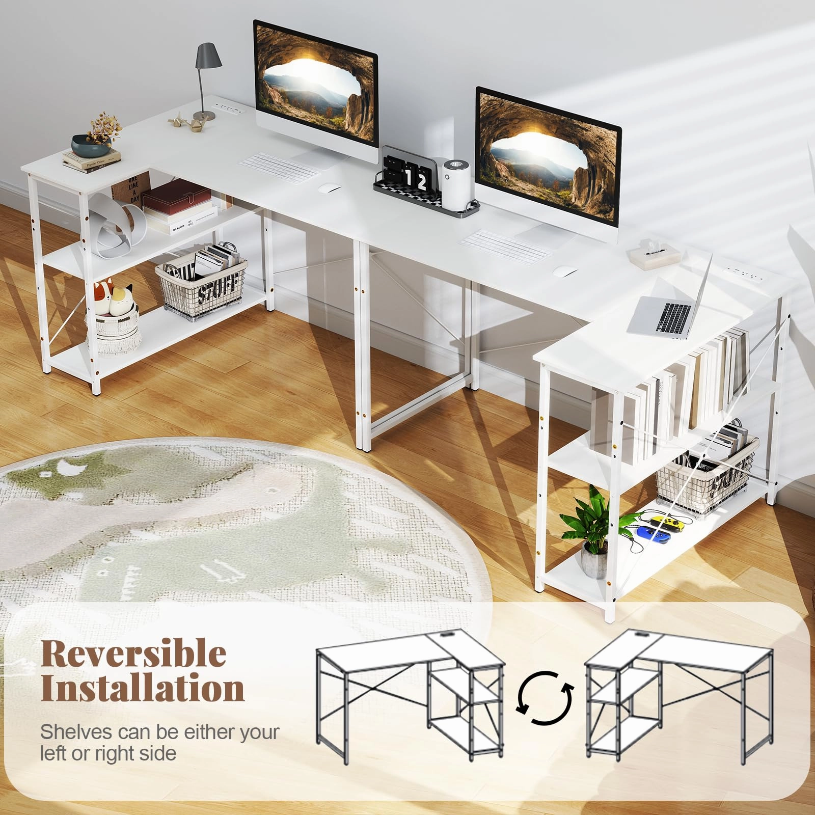 Giantex 47 Inch Reversible Computer Desk with Adjustable Storage Shelves and Metal Frame