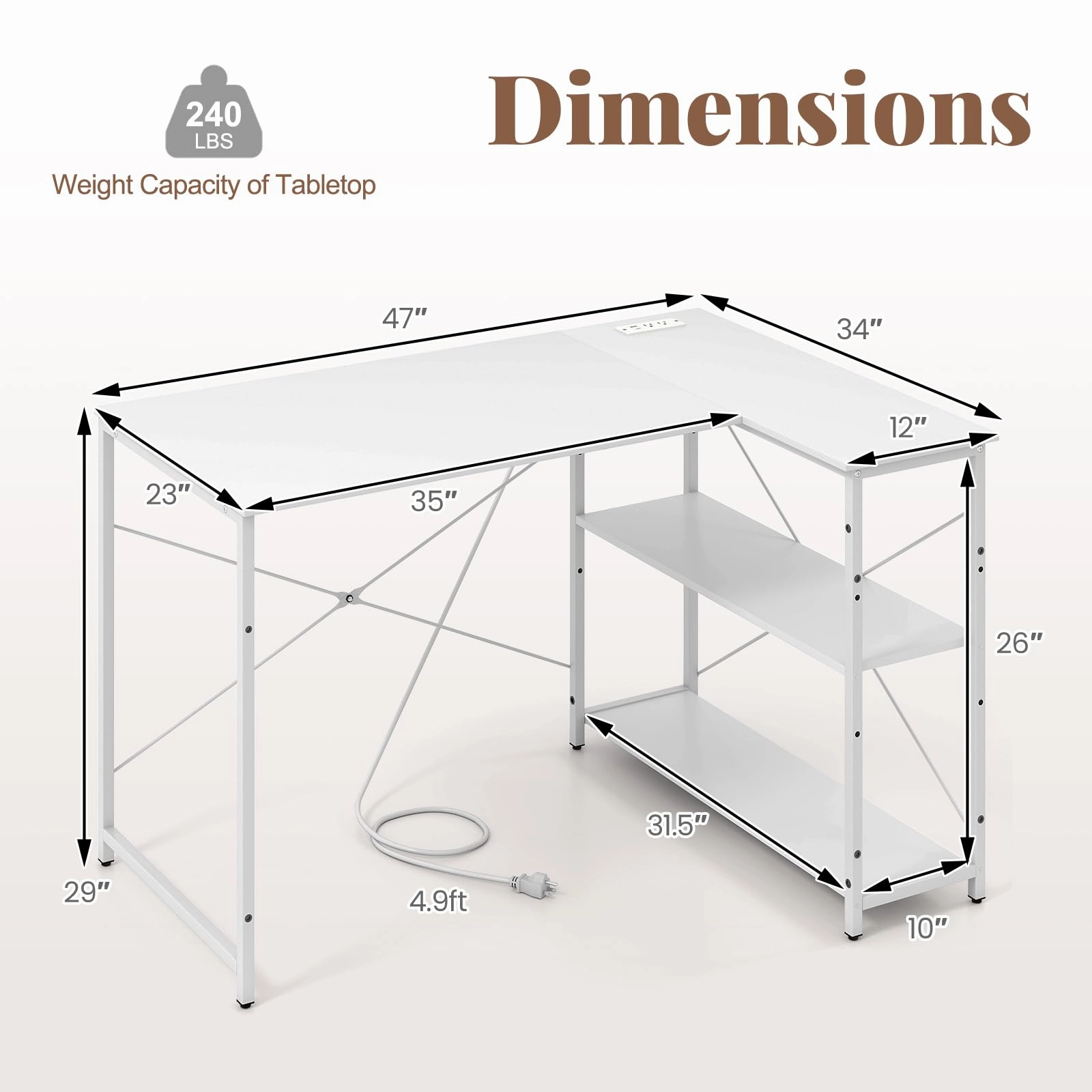 Giantex 47 Inch Reversible Computer Desk with Adjustable Storage Shelves and Metal Frame
