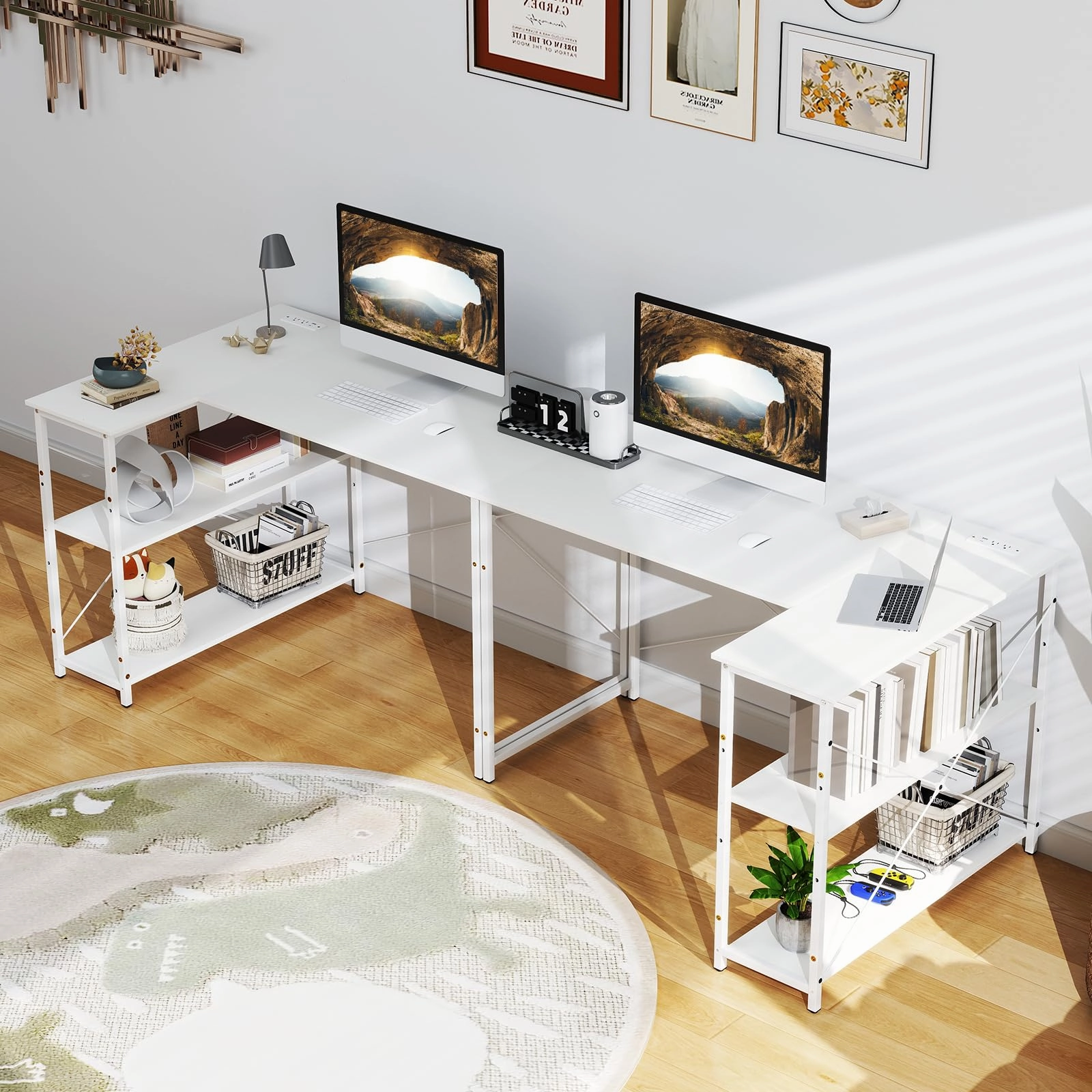 Giantex 47 Inch Reversible Computer Desk with Adjustable Storage Shelves and Metal Frame